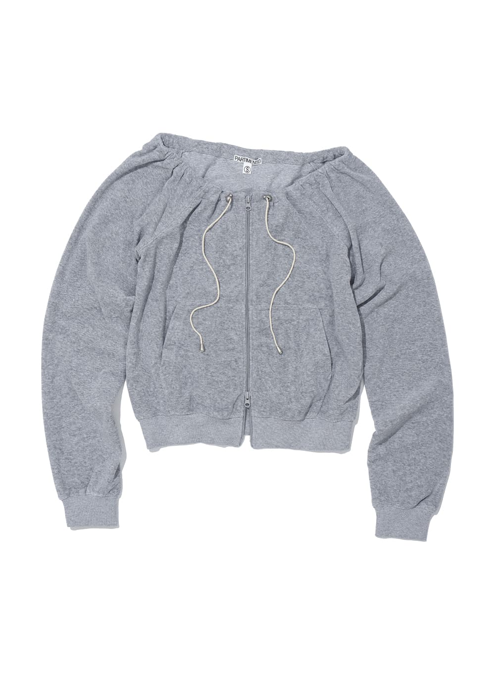 TERRY DRAWSTRING OFF-SHOULDER ZIP-UP TOP_MELANGE