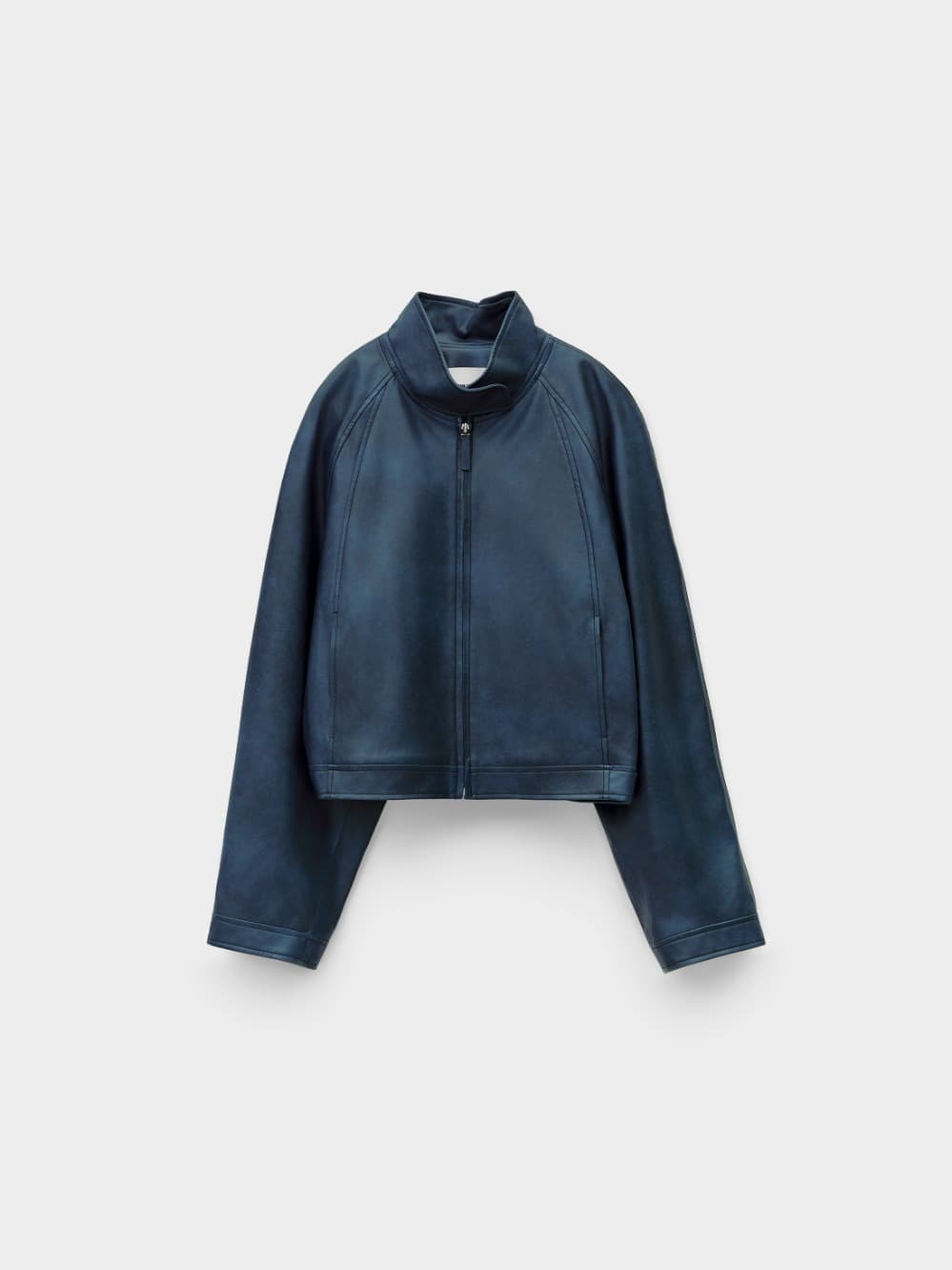 Stand Collar Artificial Leather Jumper_Navy