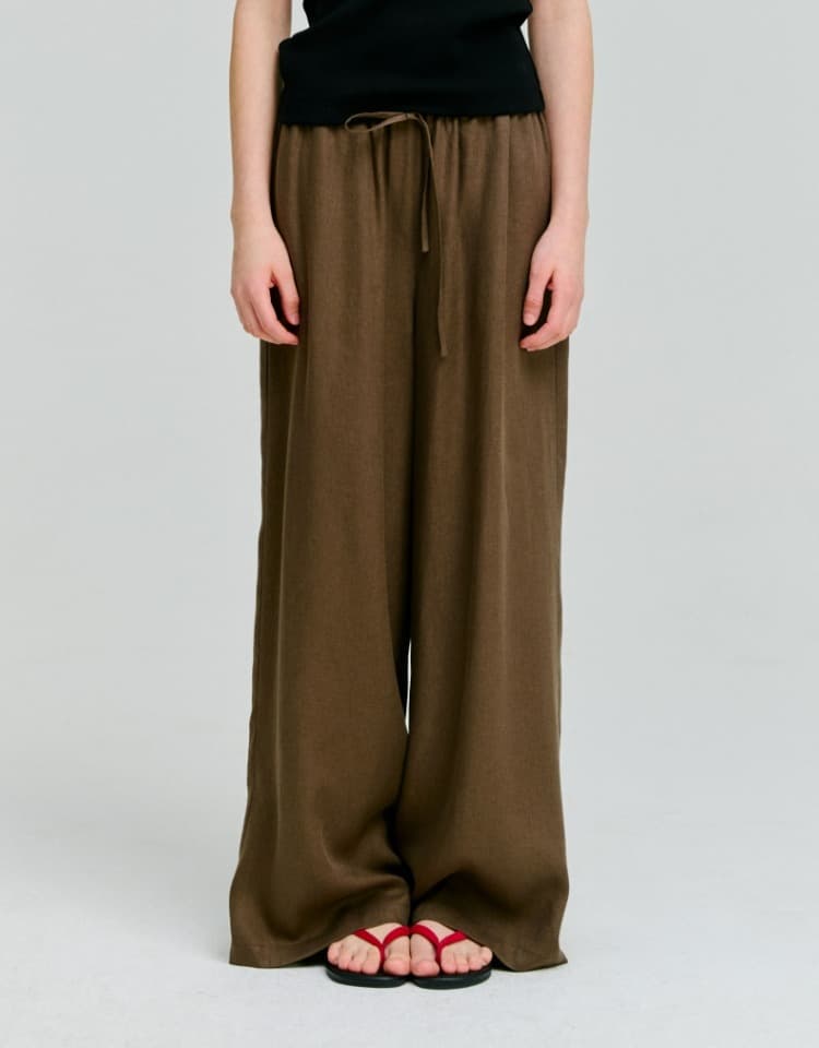 linen pocket banding pants - brown