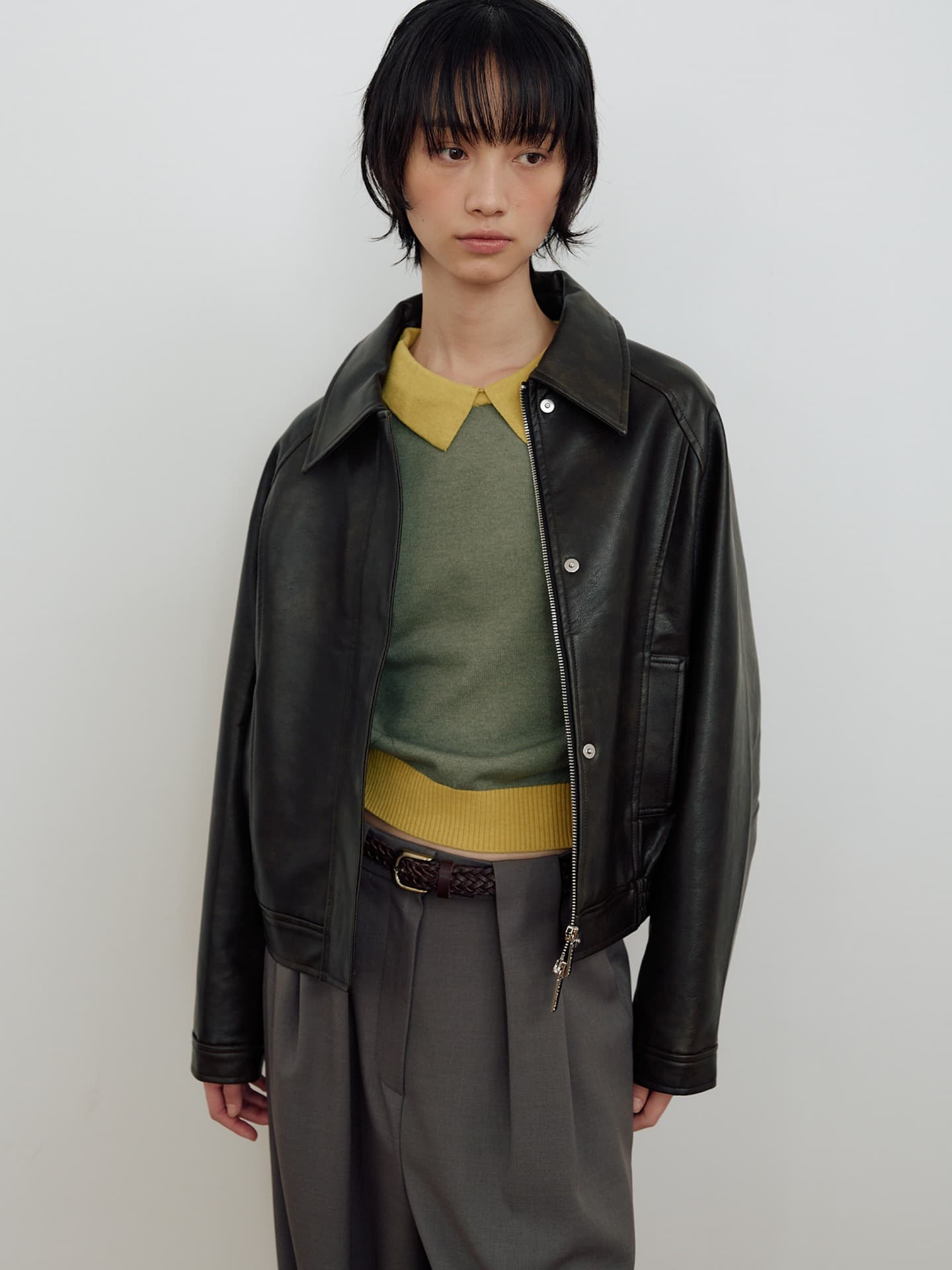 LEATHER PLEATS BOMBER JACKET_BROWN