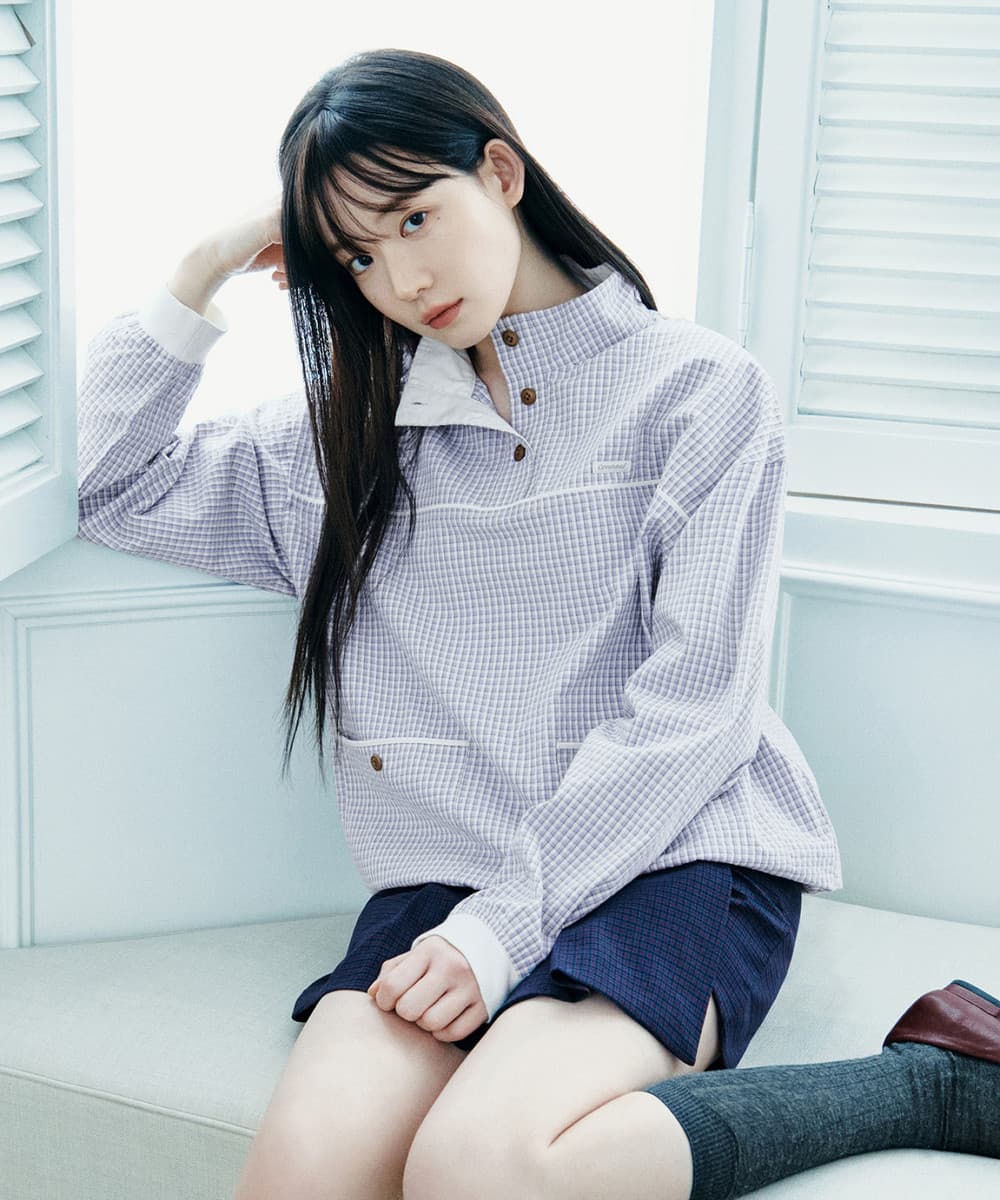 우먼 체크 코튼 하프집업 맨투맨 퍼플