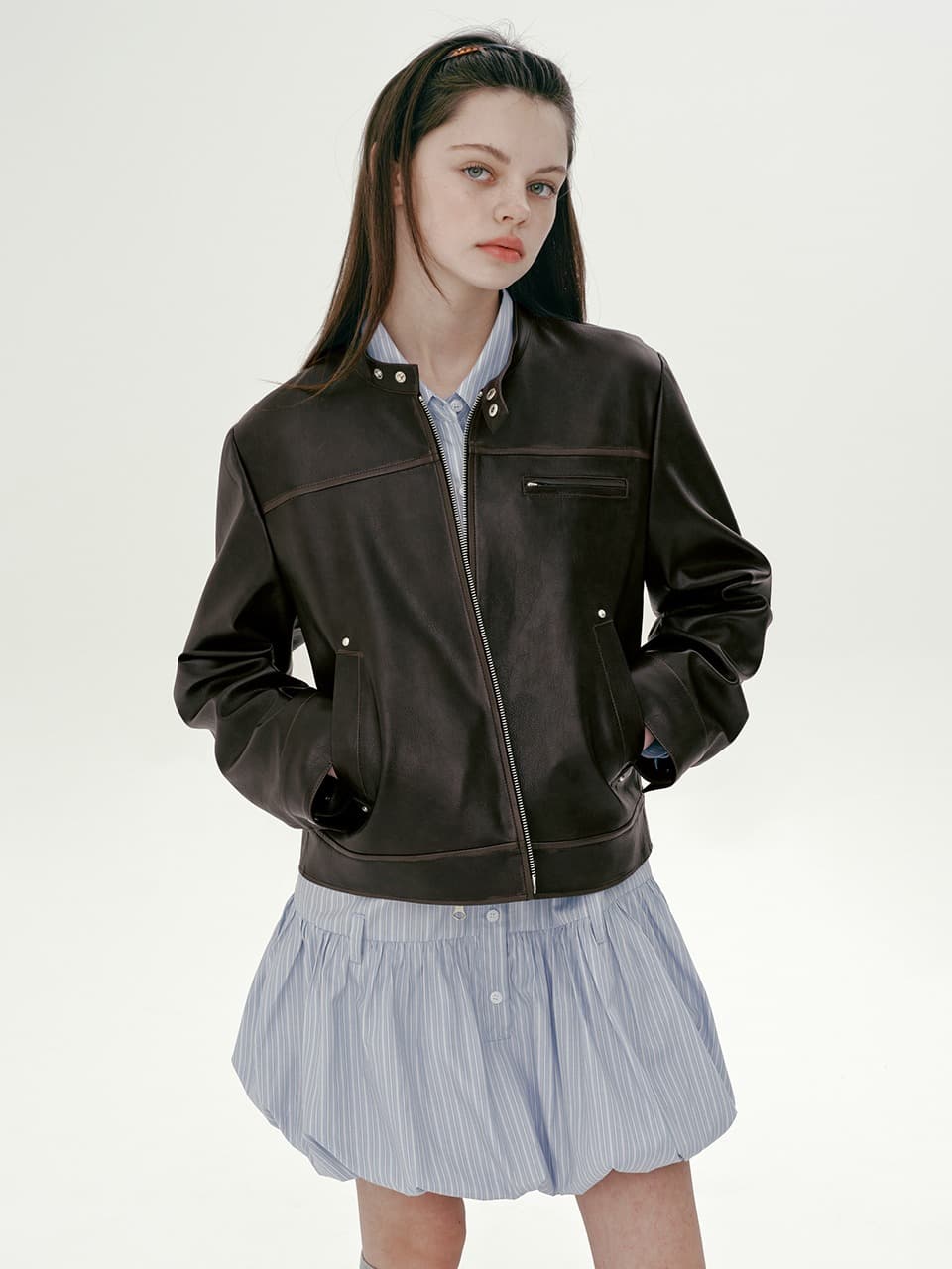 RIVET WASHED FAKE LEATHER JACKET (BROWN)