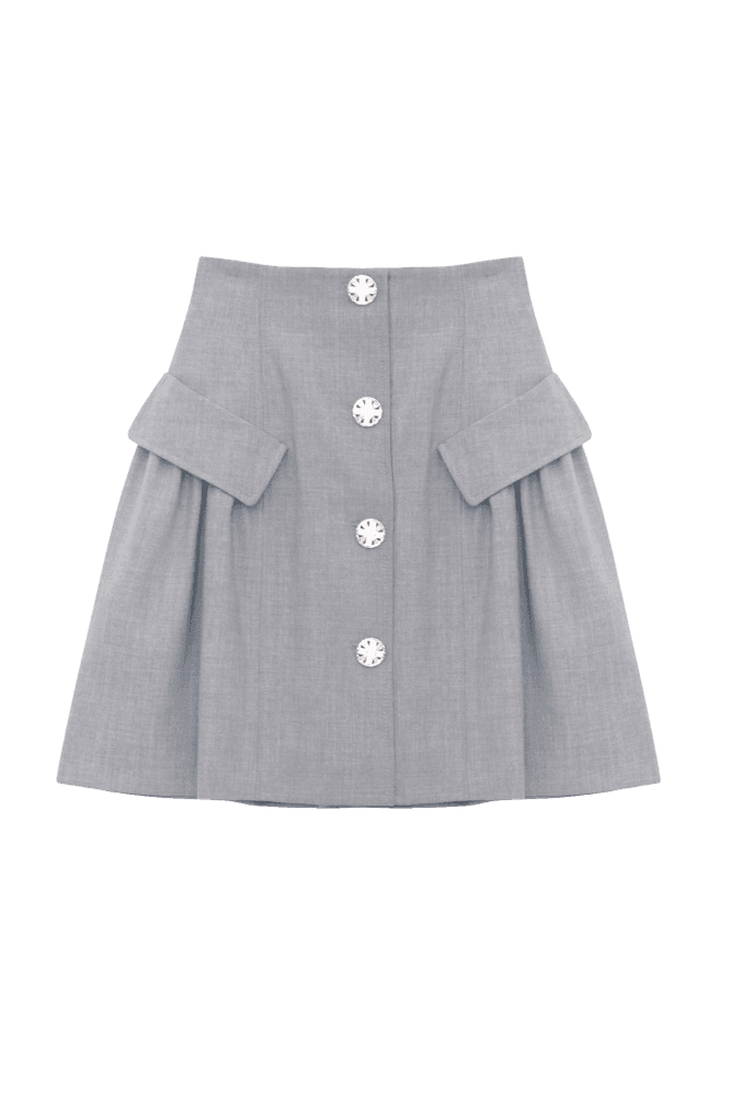 Crystal-Buttoned Flap Mini Skirt (Gray)