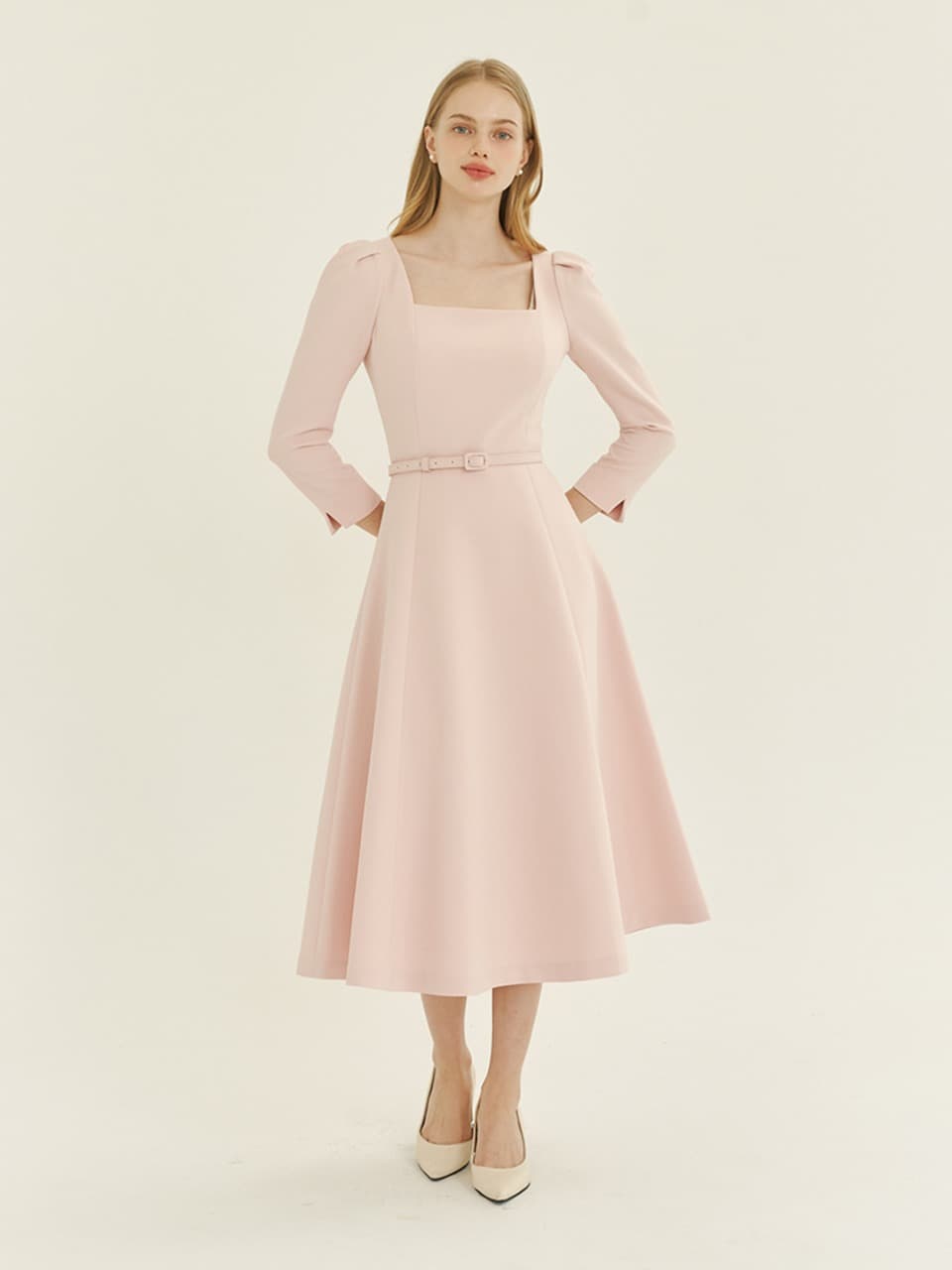 Square-neck Flare Dress(LL) / Pink(5color)