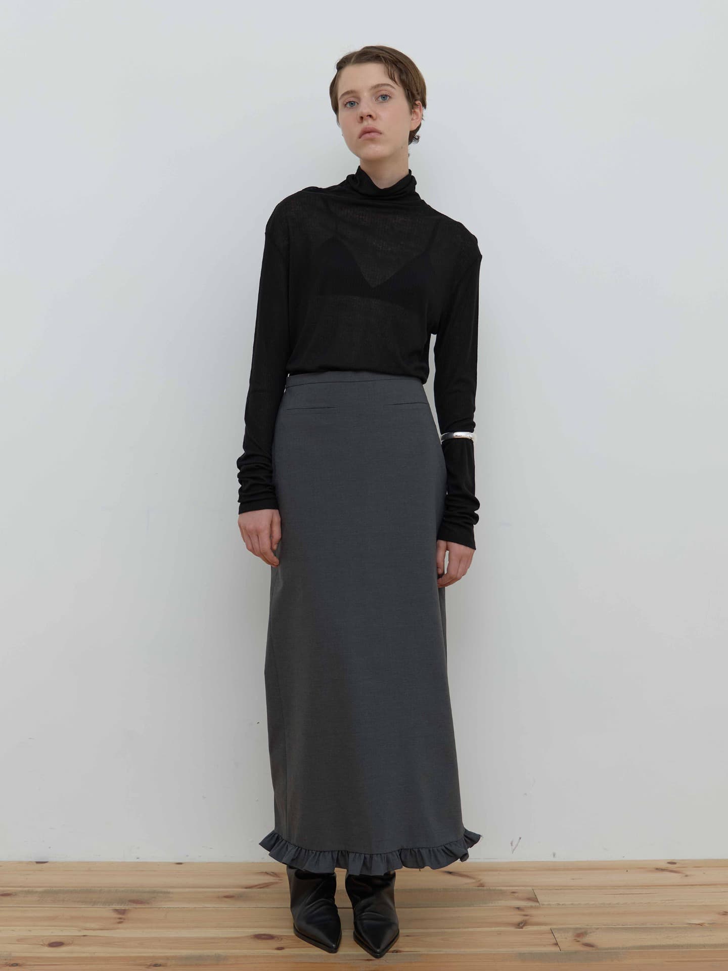 WOOL FRILL LONG SKIRT_CHARCOAL