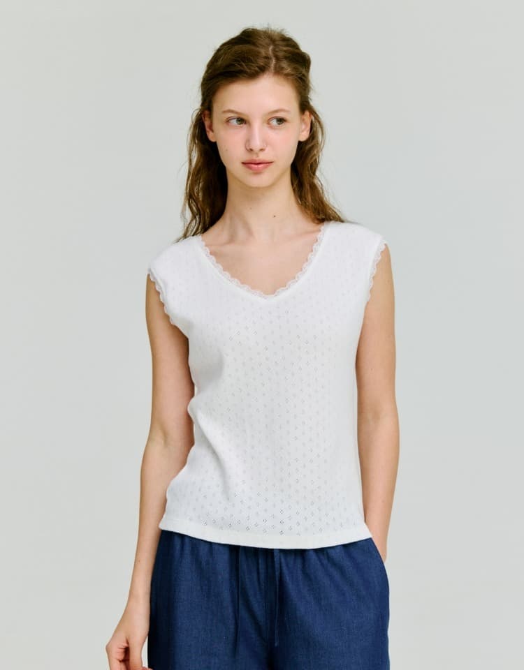 v-neck lace trim sleeveless top - white