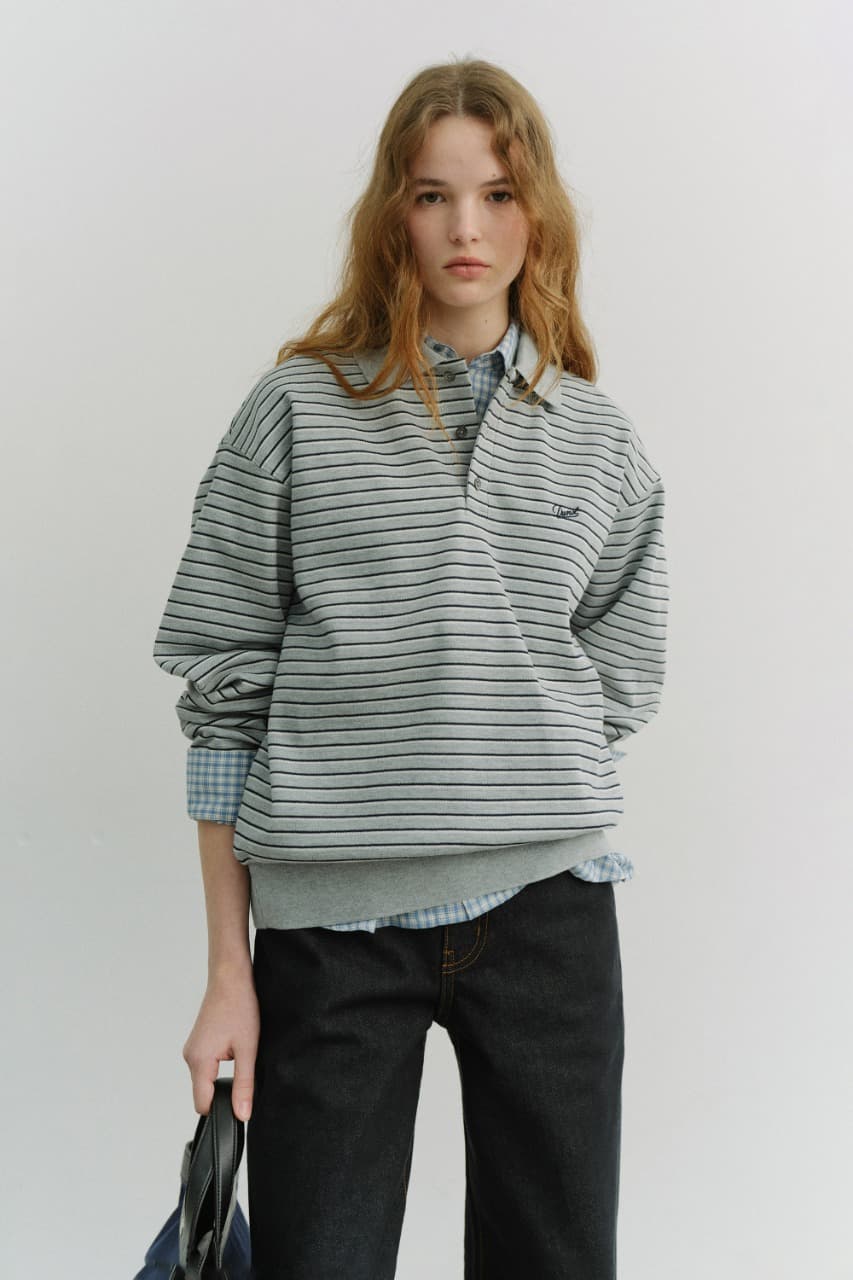 UNISEX STRIPED LOGO COLLARED T-SHIRT GREY_UDTS6A120G2