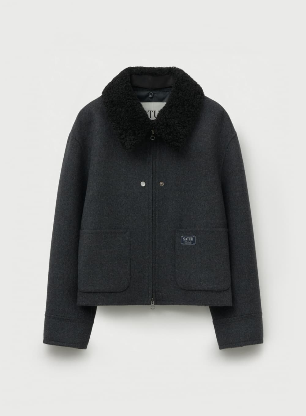 (W) Shearling Collar Wool Blend Jacket - Charcoal