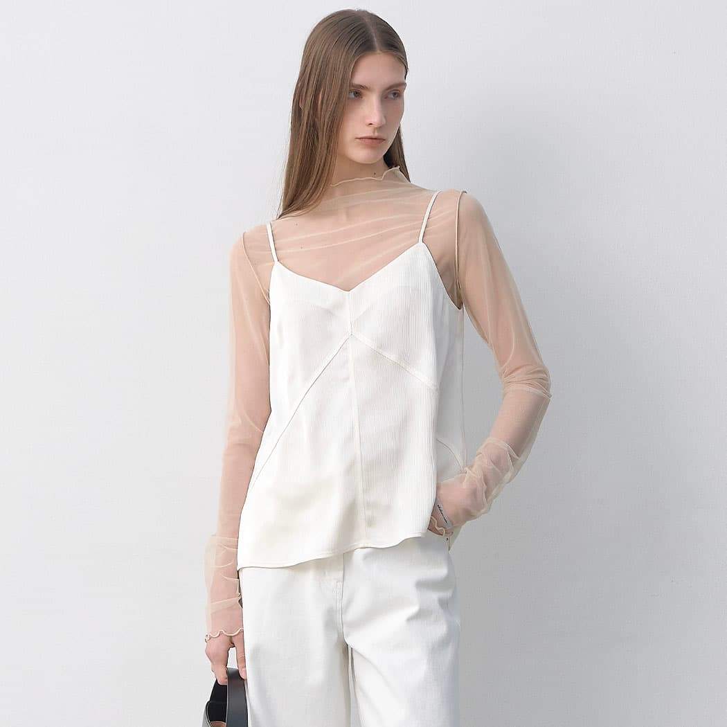 (BL-4305)SATIN CREASE SLEEVELESS SET-UP TOP