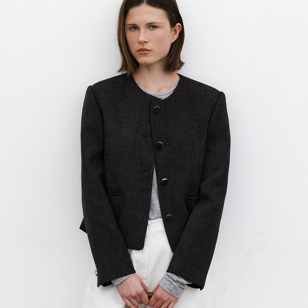 (JK-3030)COY ROUND NECK TWEED JACKET