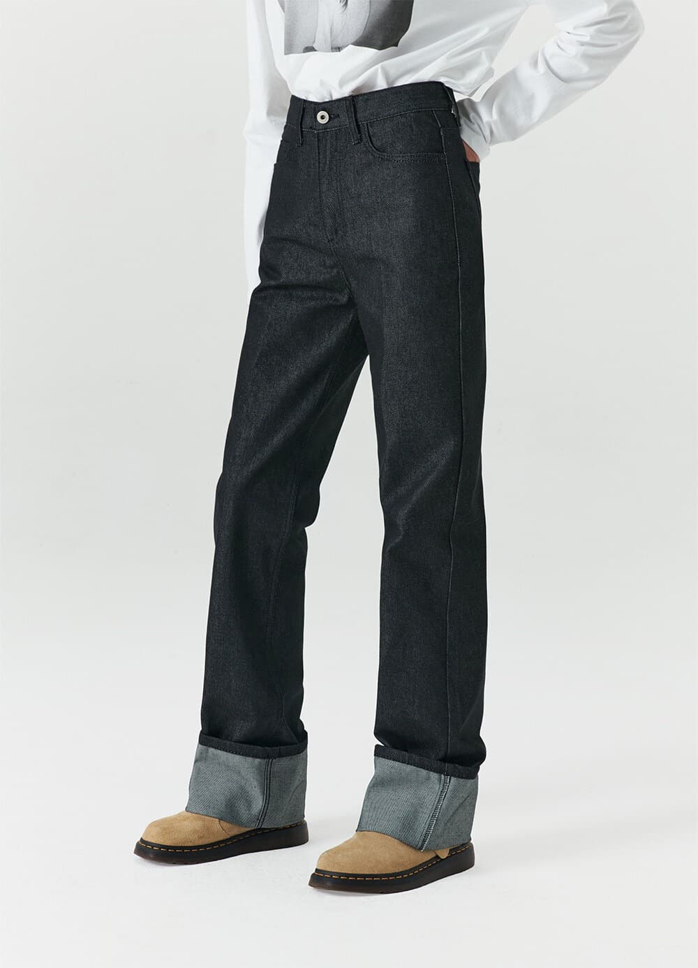 Raw-Denim Turn-Up Jeans - Indigo Black