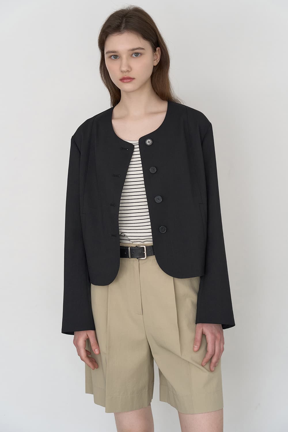 Linen-blend round neck crop jacket Black [N6PSJK05]