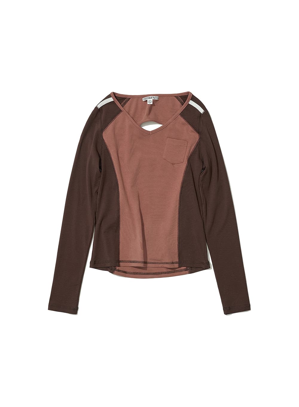 CUT OUT V-NECK COLORBLOCK LONG SLEEVE TEE_BRICK