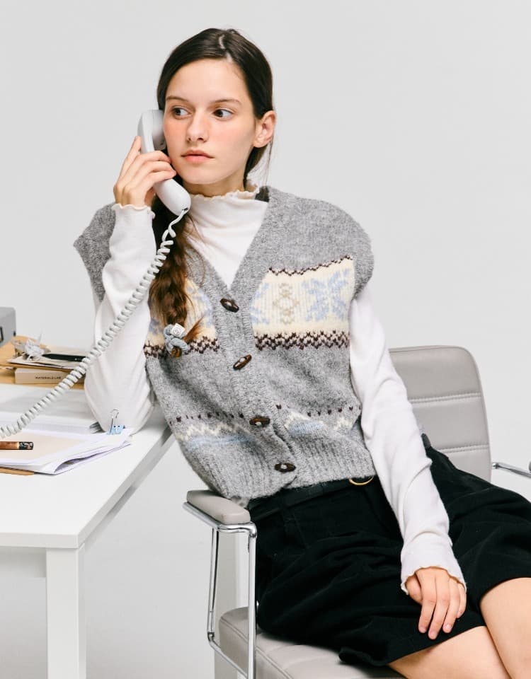 snowflake jacquard knit vest - grey