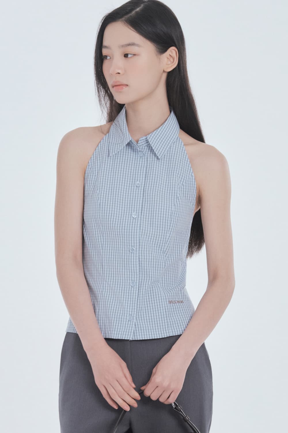 Two-Way Collar Halter Shirt - Sky Blue Check