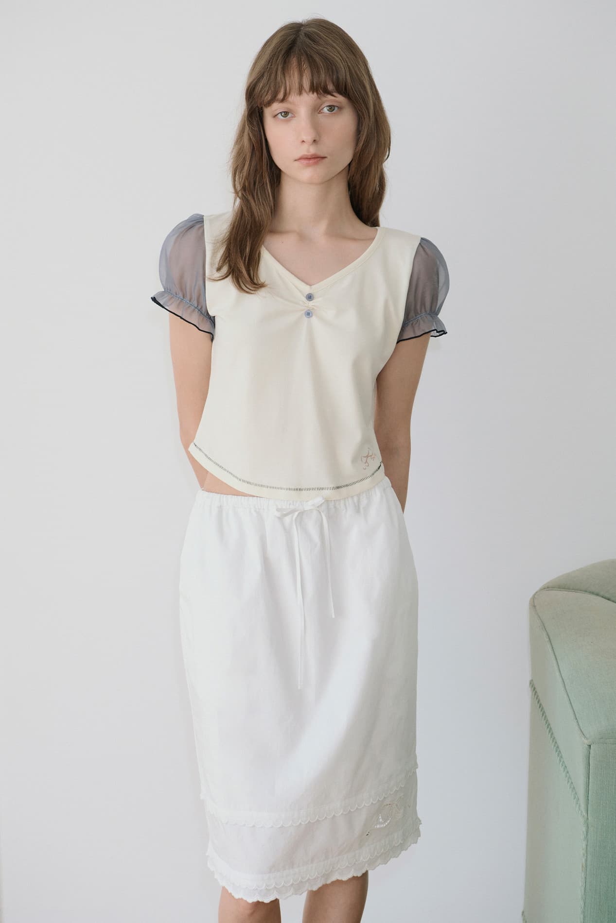 Ribbon Shirring Puff T-Shirt (Cream)