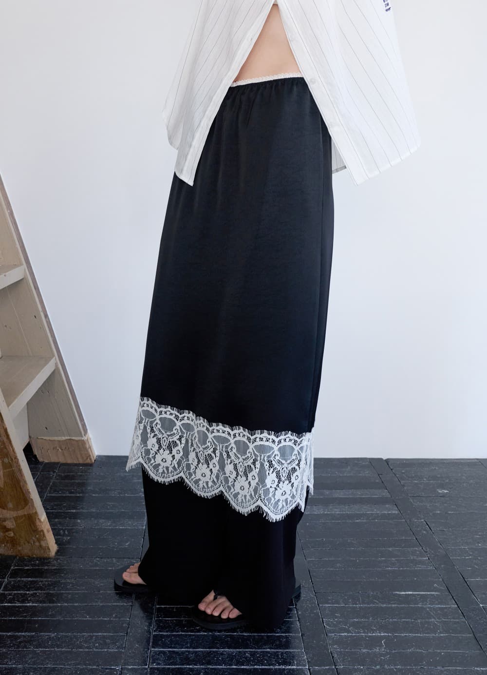 Layered Satin Lace Skirt - Black