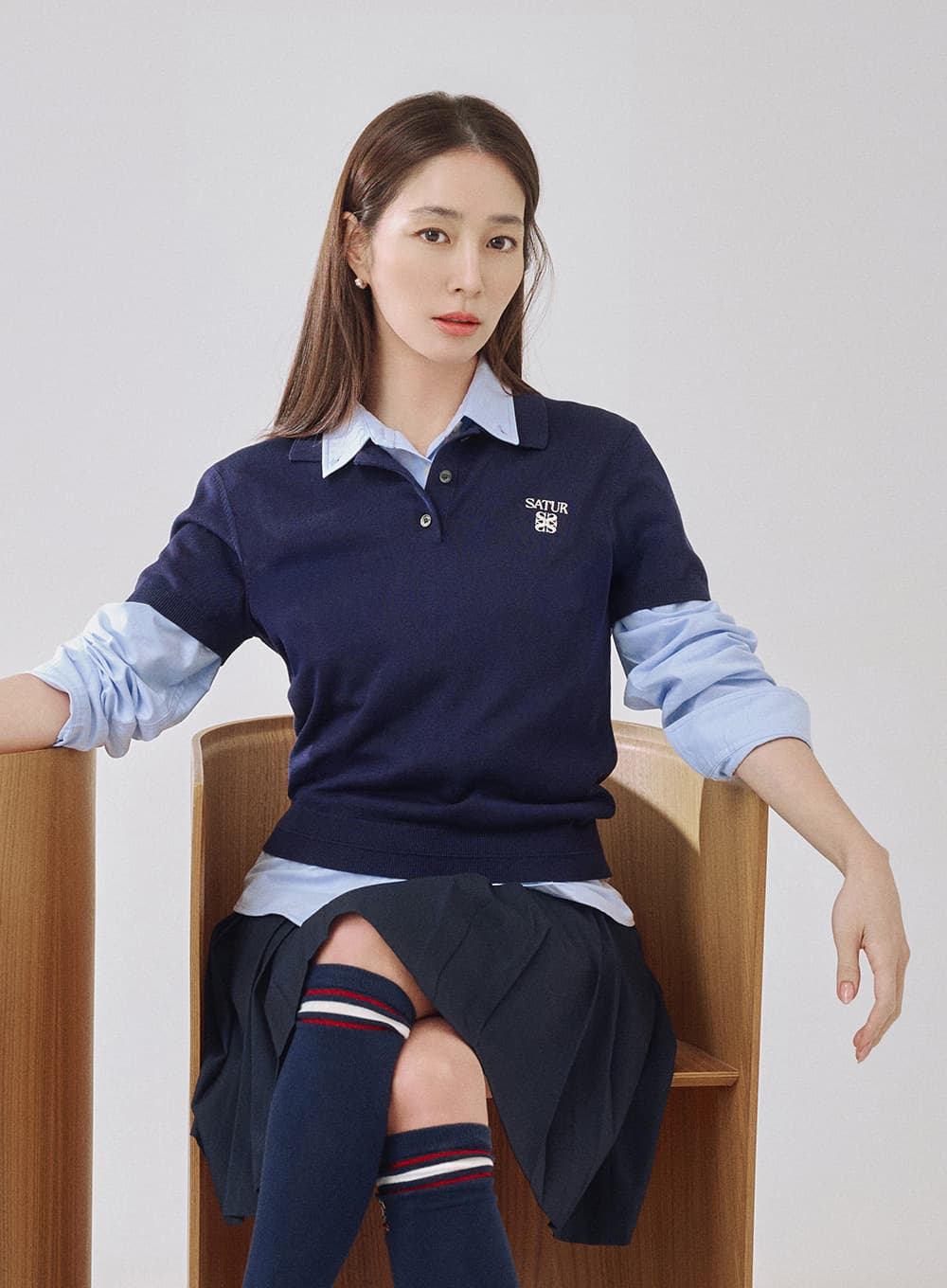 (W) Classic Collar Half Knit - Navy
