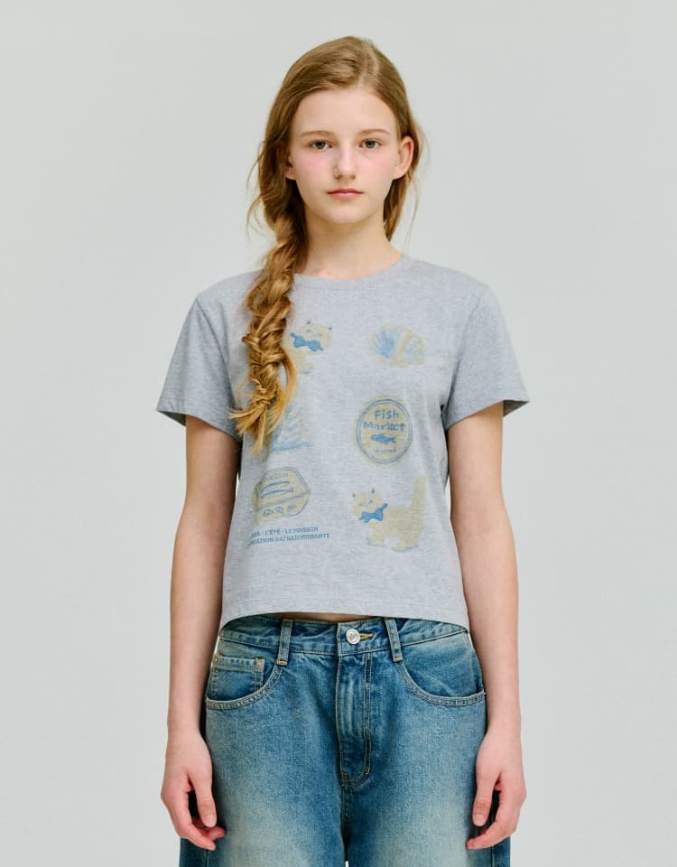 kitten fish market slim t-shirt - grey