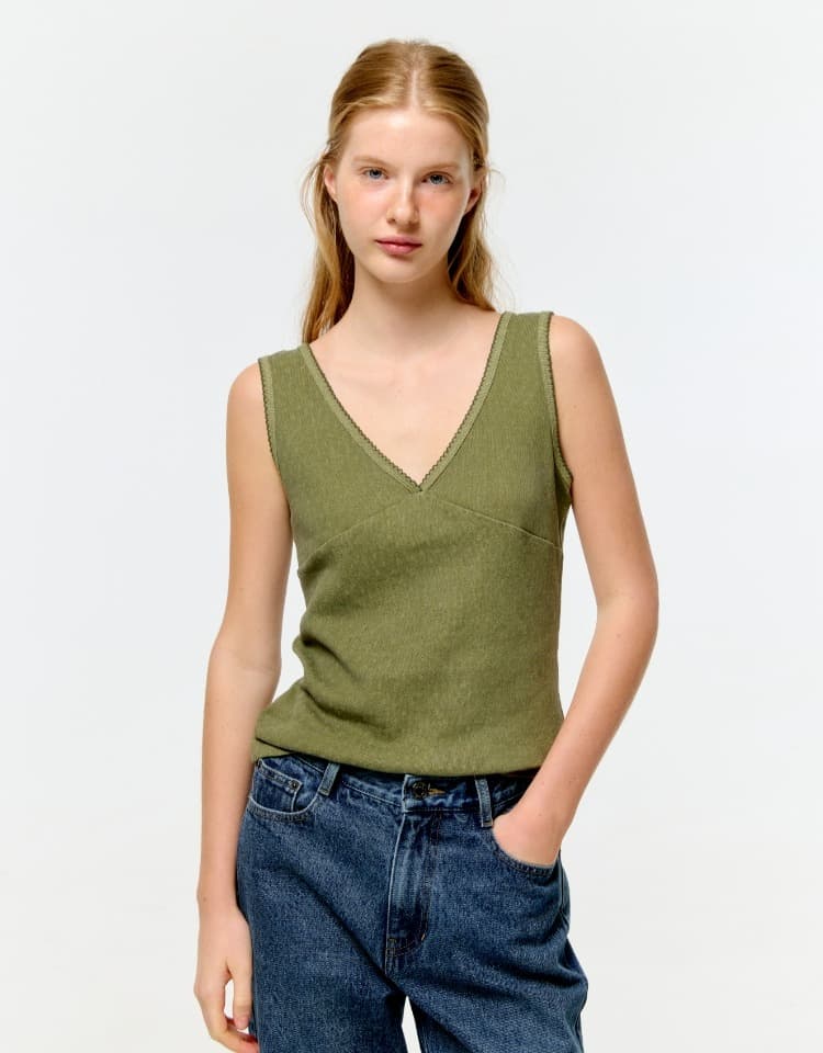 pigment eyelet v neck layered sleeveless - khaki