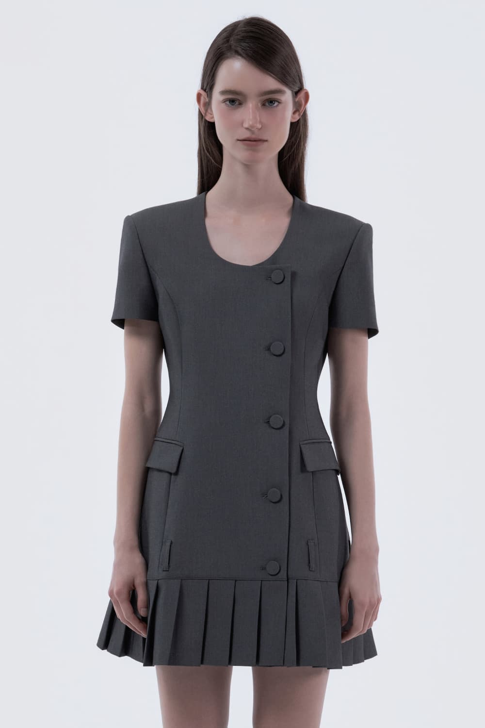 Jenn Round Neck Pleated Half-Sleeve Suit Jacket Dress - Grey