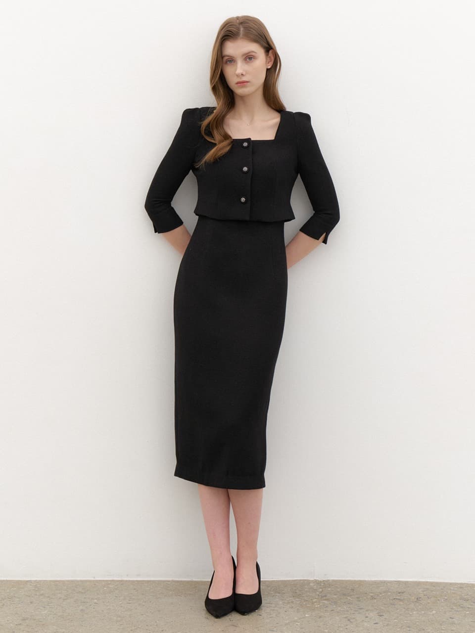 Square-neck 2piece-Style Slim Dress / Black(2Color)