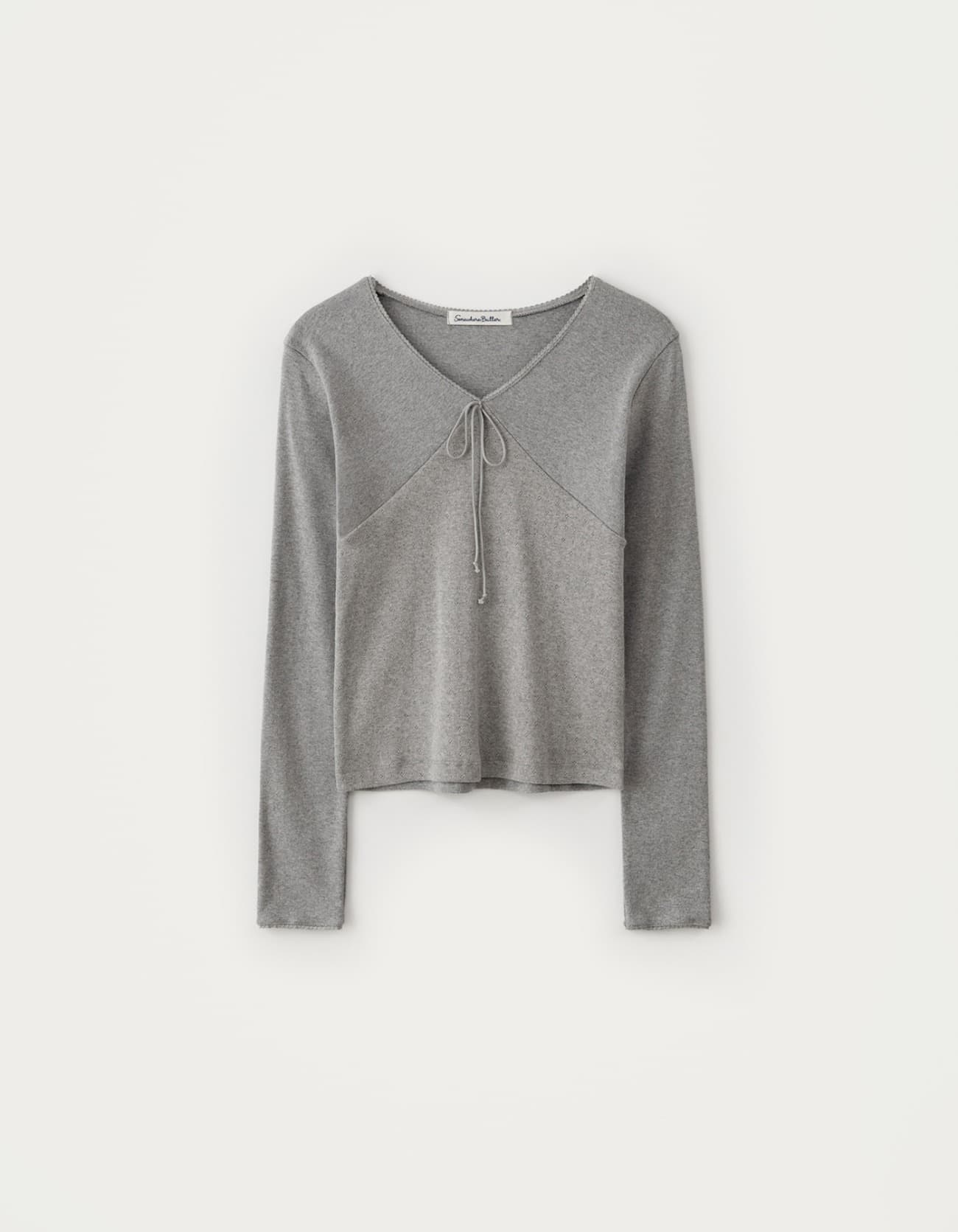 V-Neck Ribbon Top - Grey