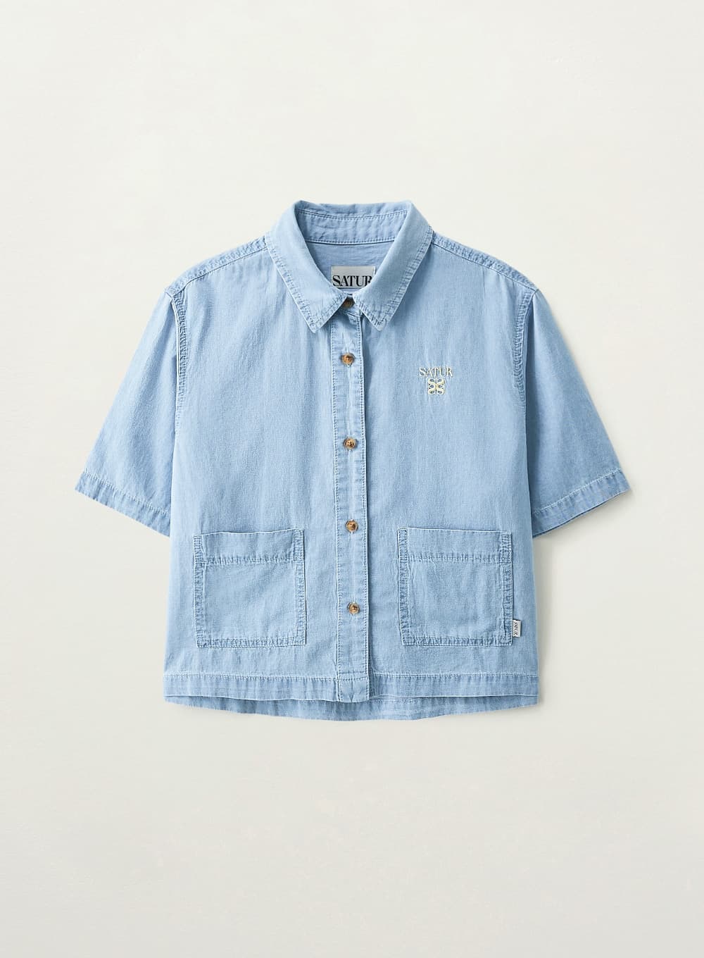 (W) Light Weight Denim Pocket Half Shirt - Light Blue