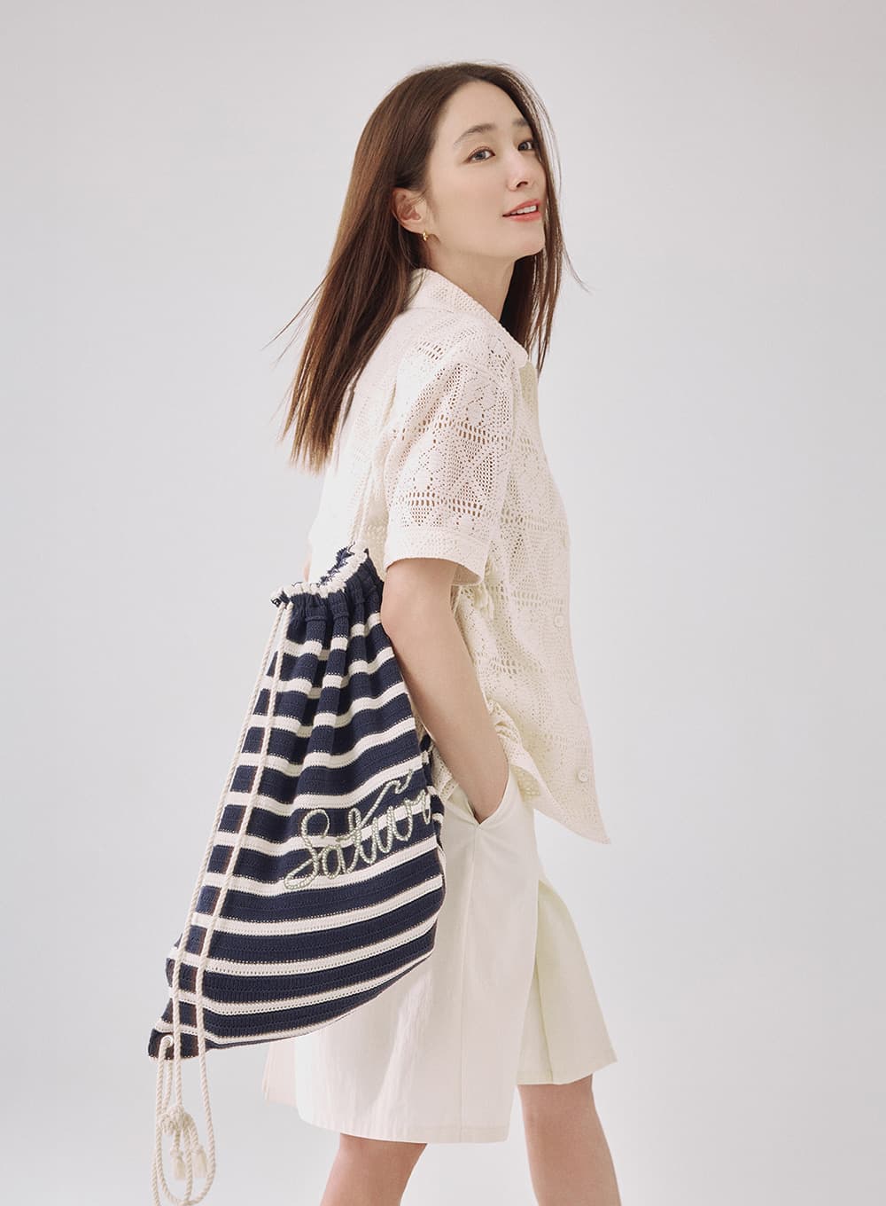 Knit Stripe String Backpack - Navy