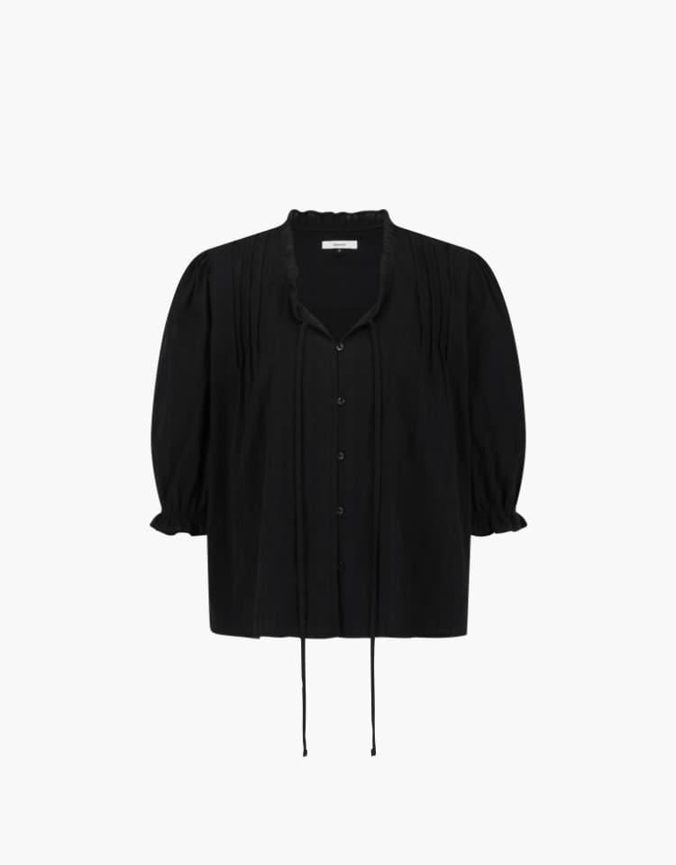 frill pintuck half sleeve blouse - black