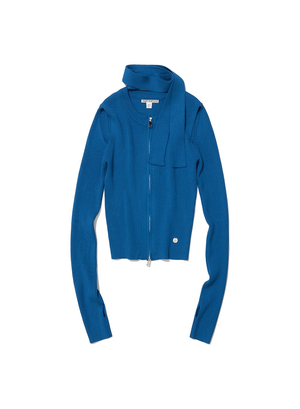 CUT-OUT TIENECK KNIT ZIP-UP CARDIGAN_BLUE