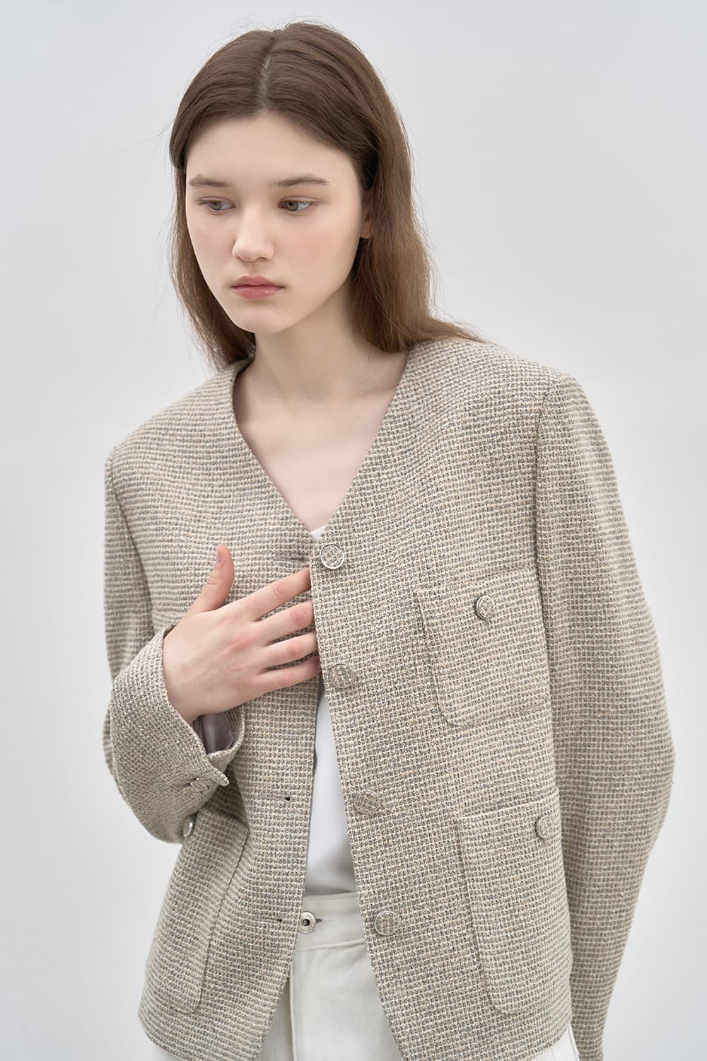 Tweed crop jacket Beige [N6SJK04]