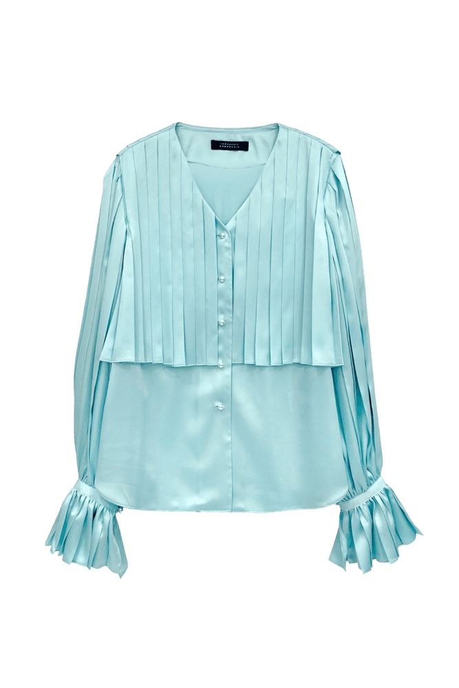 Satin Pleat Panel Blouse (Sky Blue)