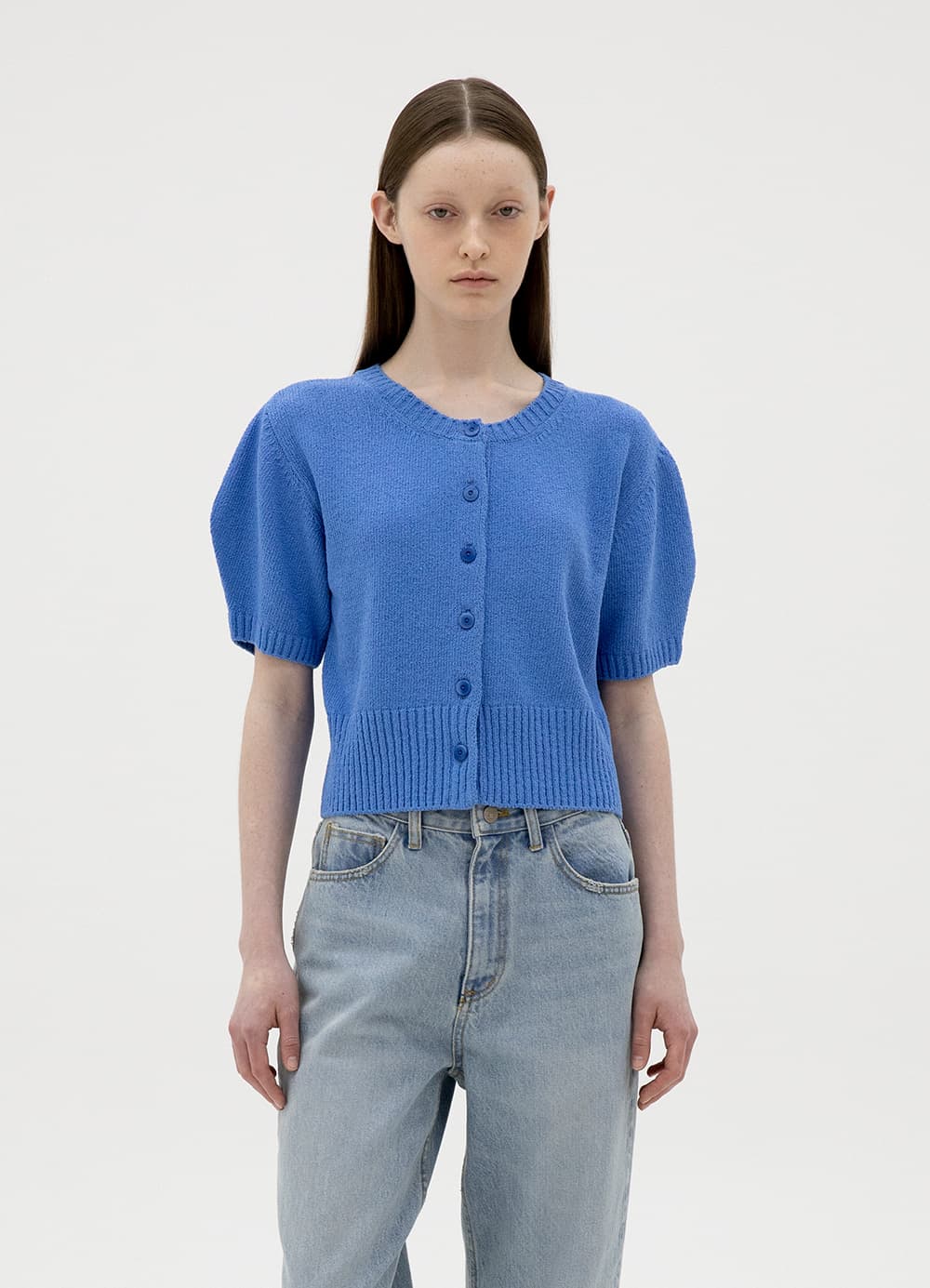 Puff Button-Up Knit Cardigan - Royal Blue