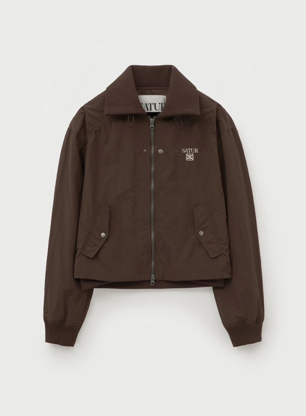 (W) Maron Nylon Crop Bomber Jacket - Brown