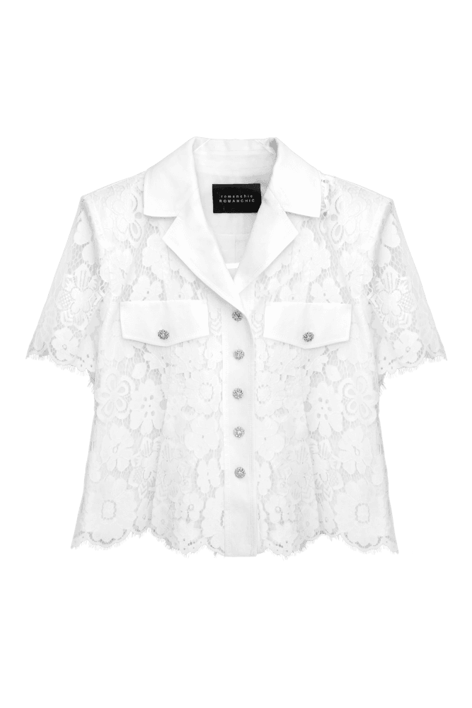 Jewel-Buttoned Lace Crop Jacket (White)