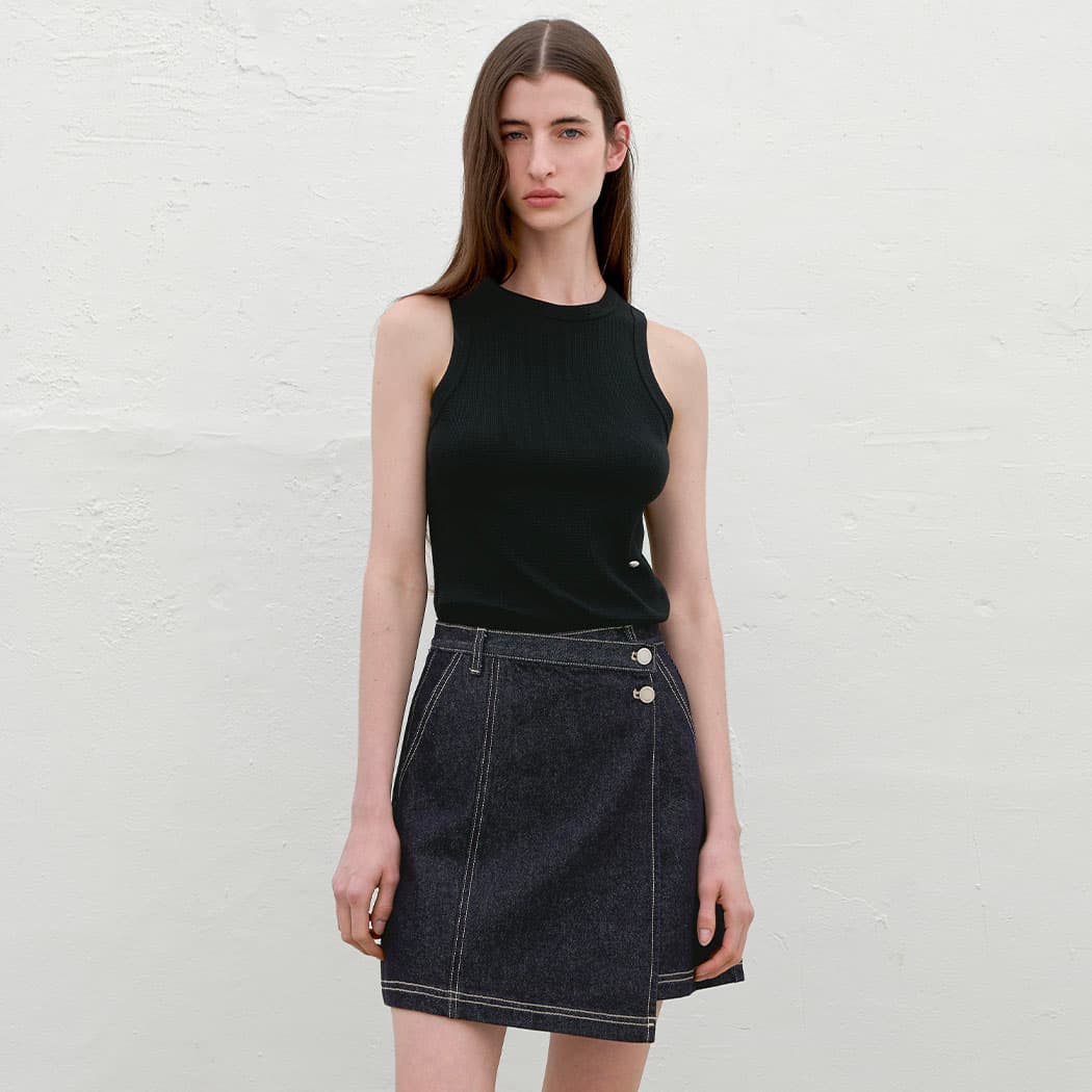 (SK-5033)UNBALANCED WRAP DENIM MINI SKIRT