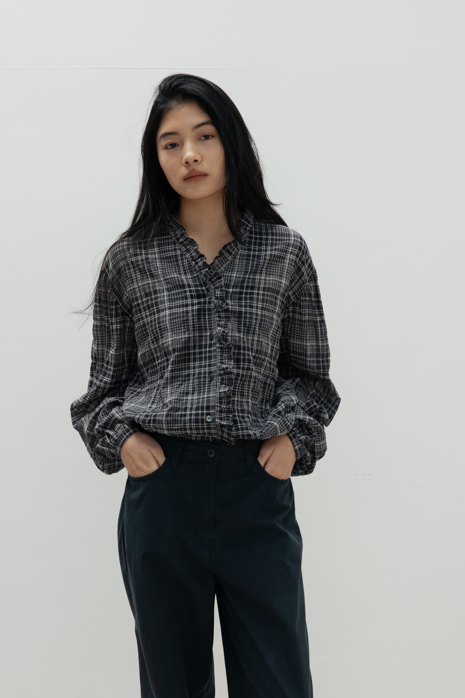 Check Frill Blouse (Charcoal)