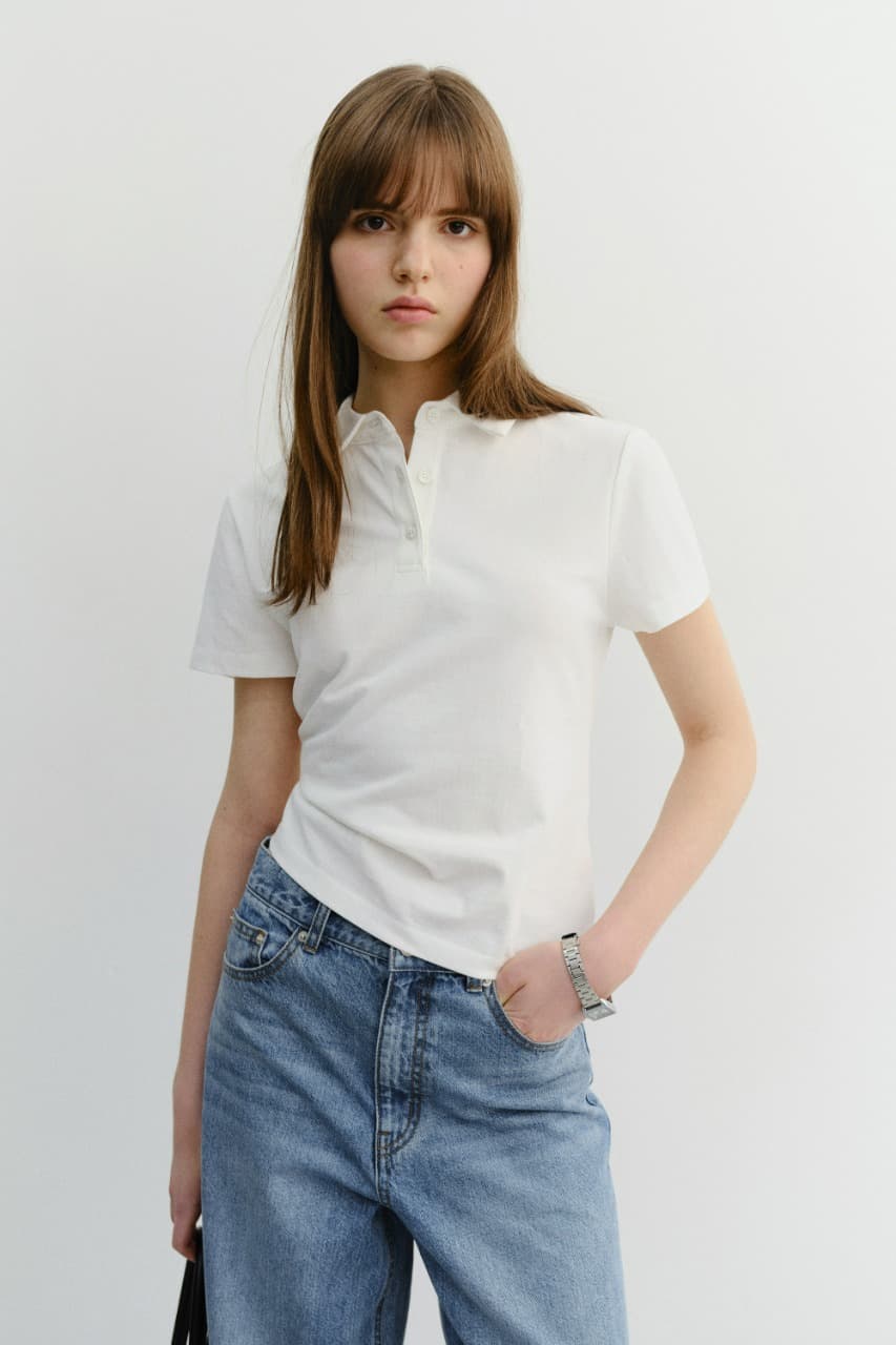 CROPPED SLIM COLLARED T-SHIRT WHITE_UDTS6B221WT