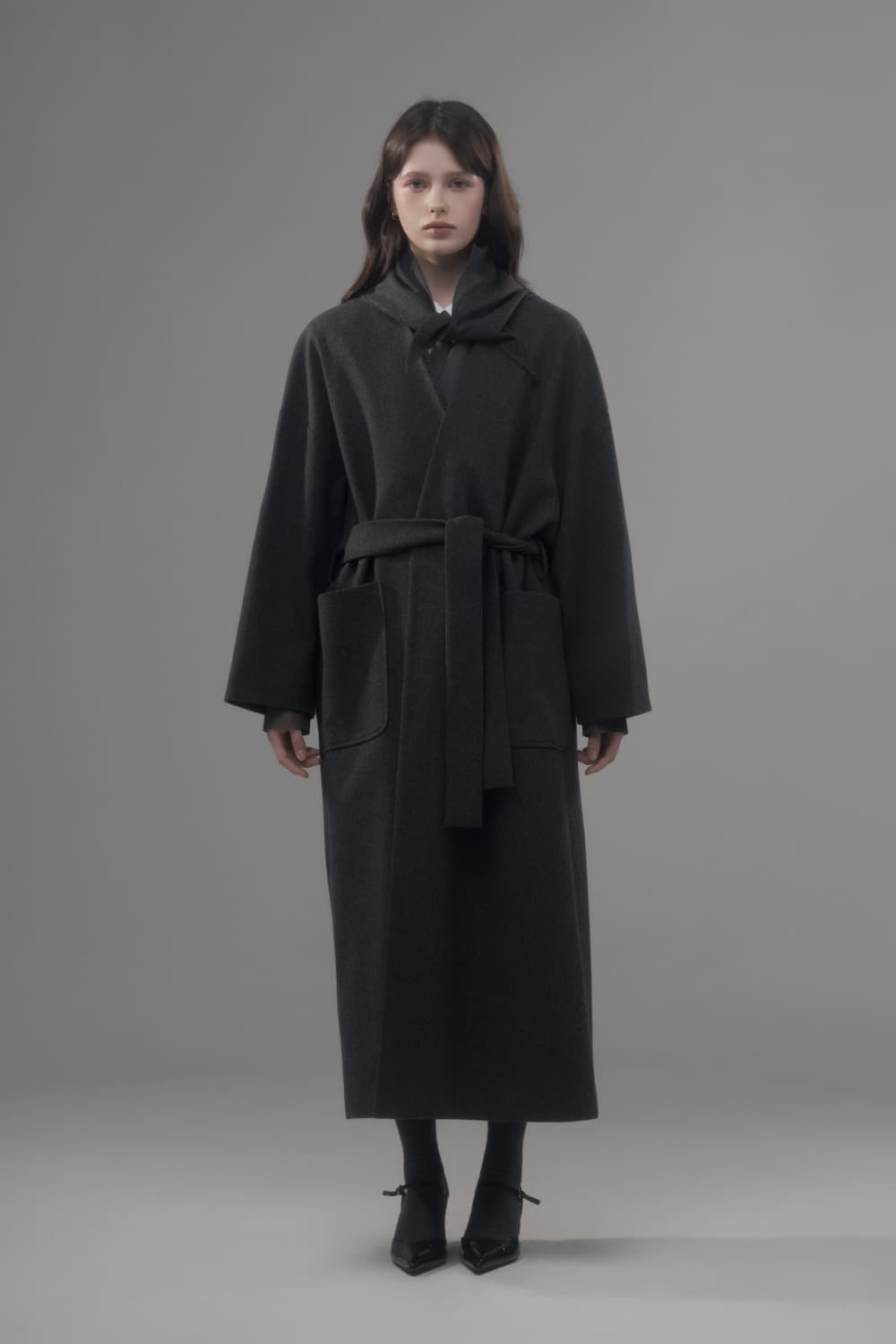 Helena Wool Head Scarf Coat Set - Grey