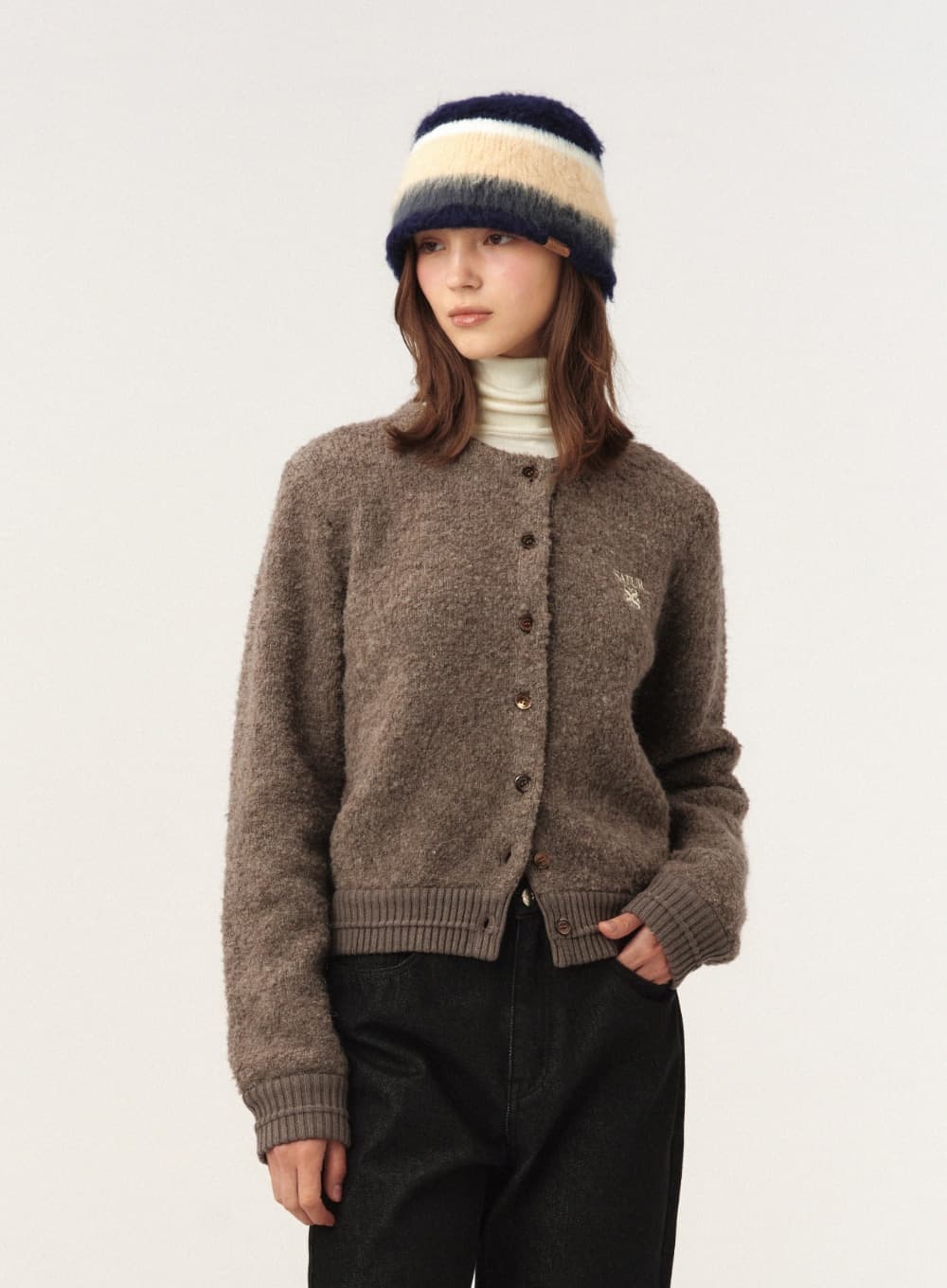 (W) Boucle Crew Neck Cardigan - Brown