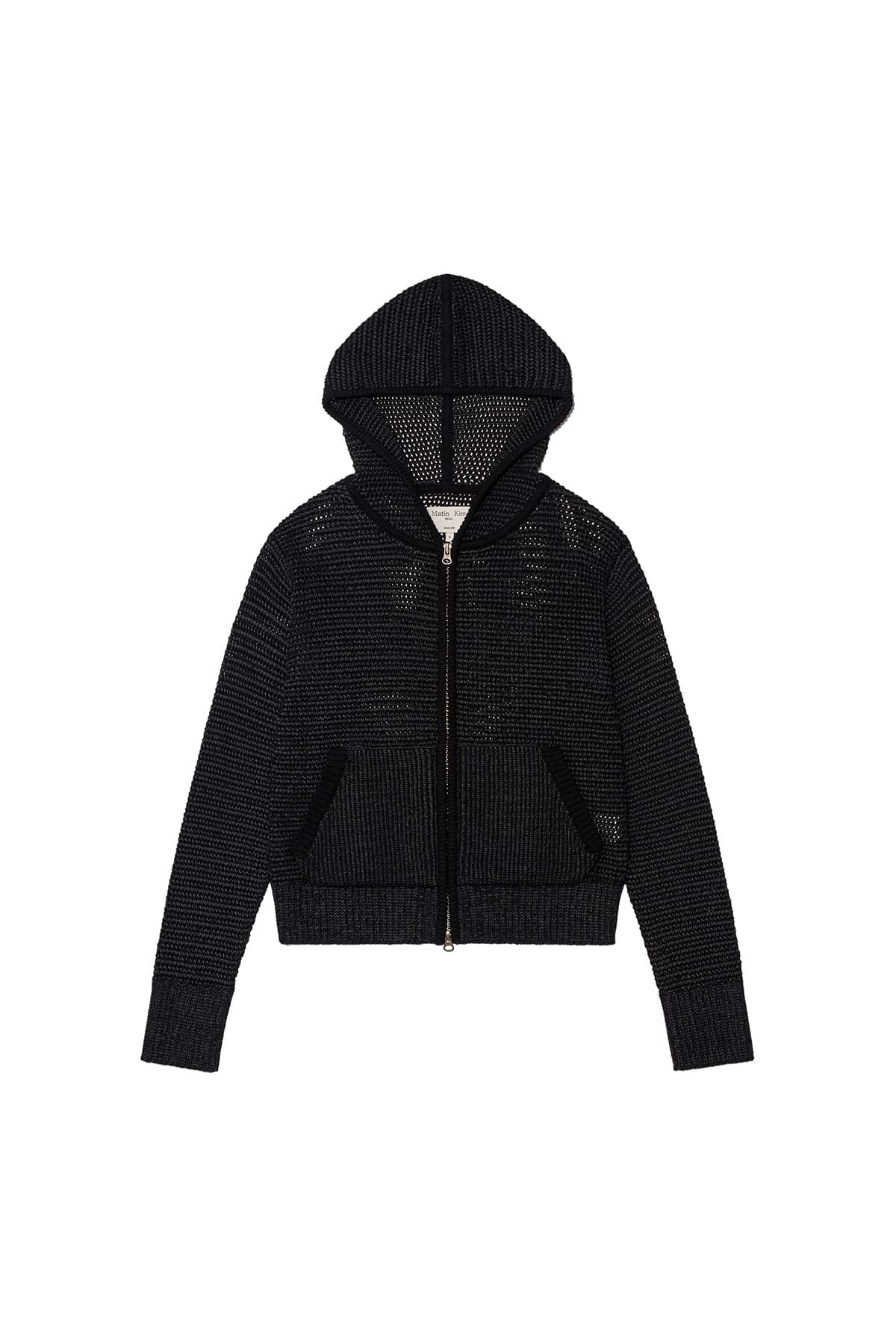 TWO TONE MESH KNIT HOODY ZIP UP IN BLACK