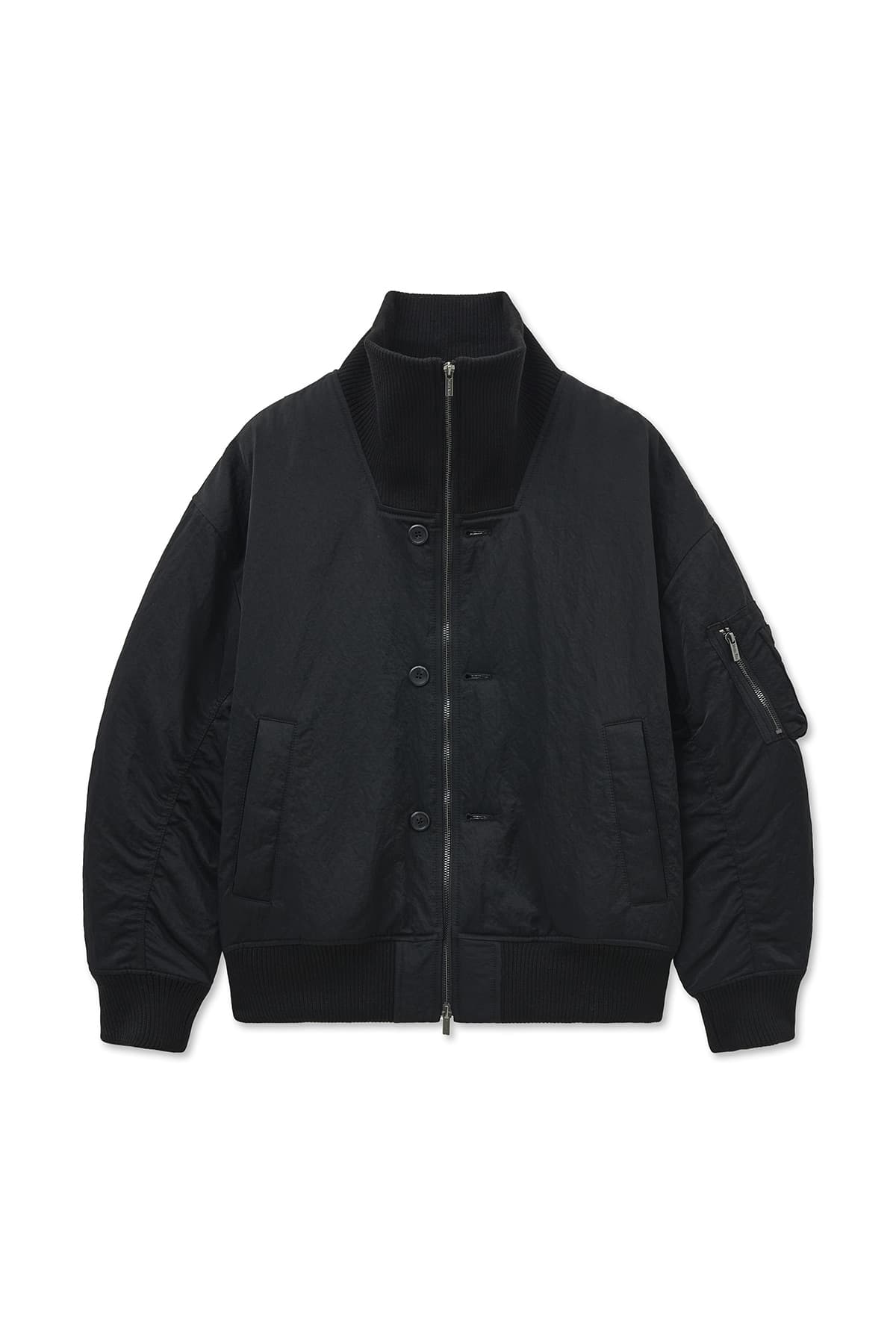 HIGH NECK BUTTON POINT ZIP UP JUMPER IN BLACK
