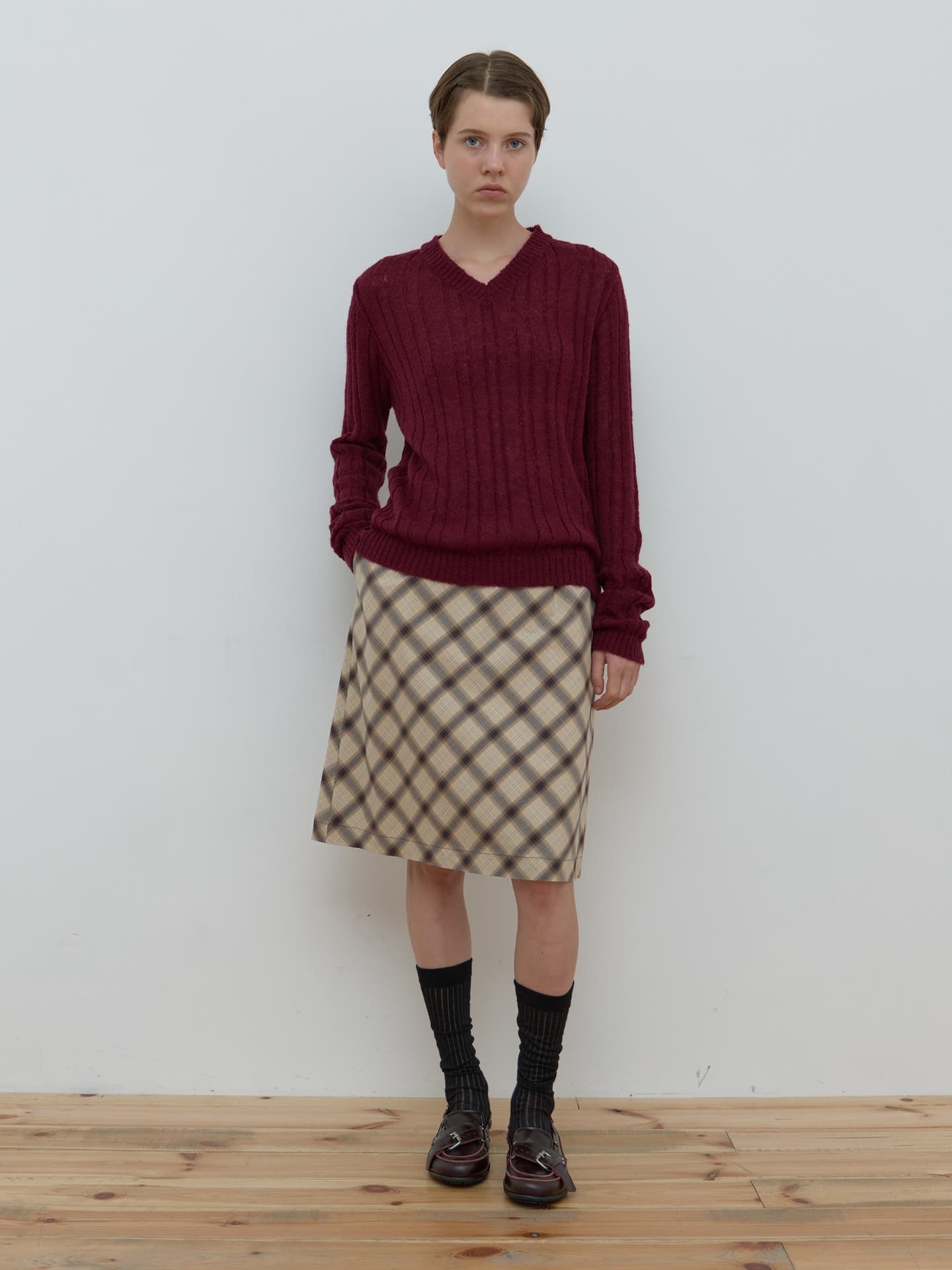 CHECK MIDI SKIRT_BEIGE