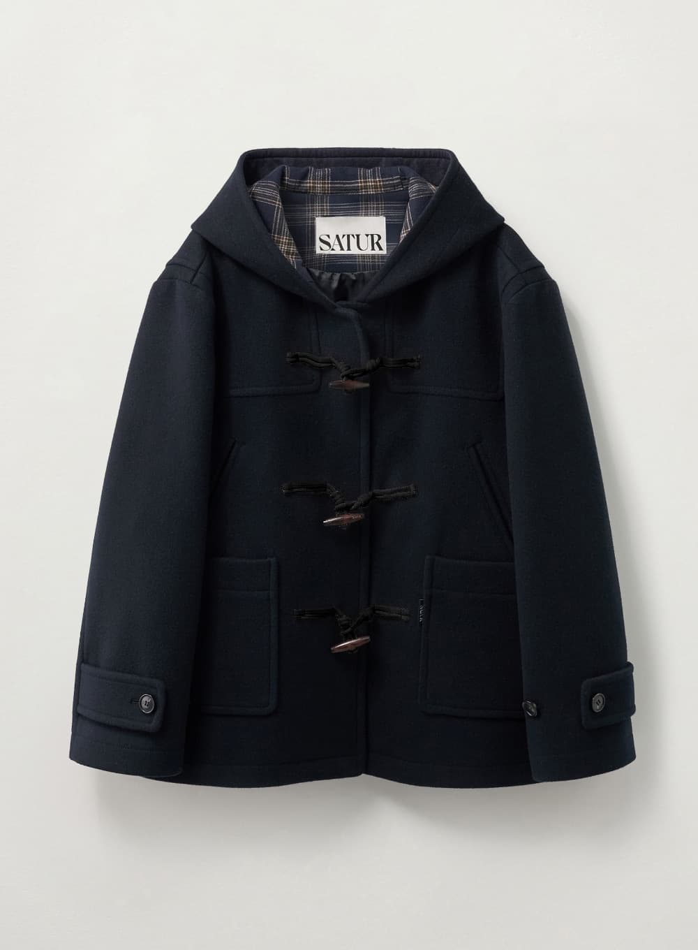 (W) Hood Wool Blend Duffle Half Coat - Navy