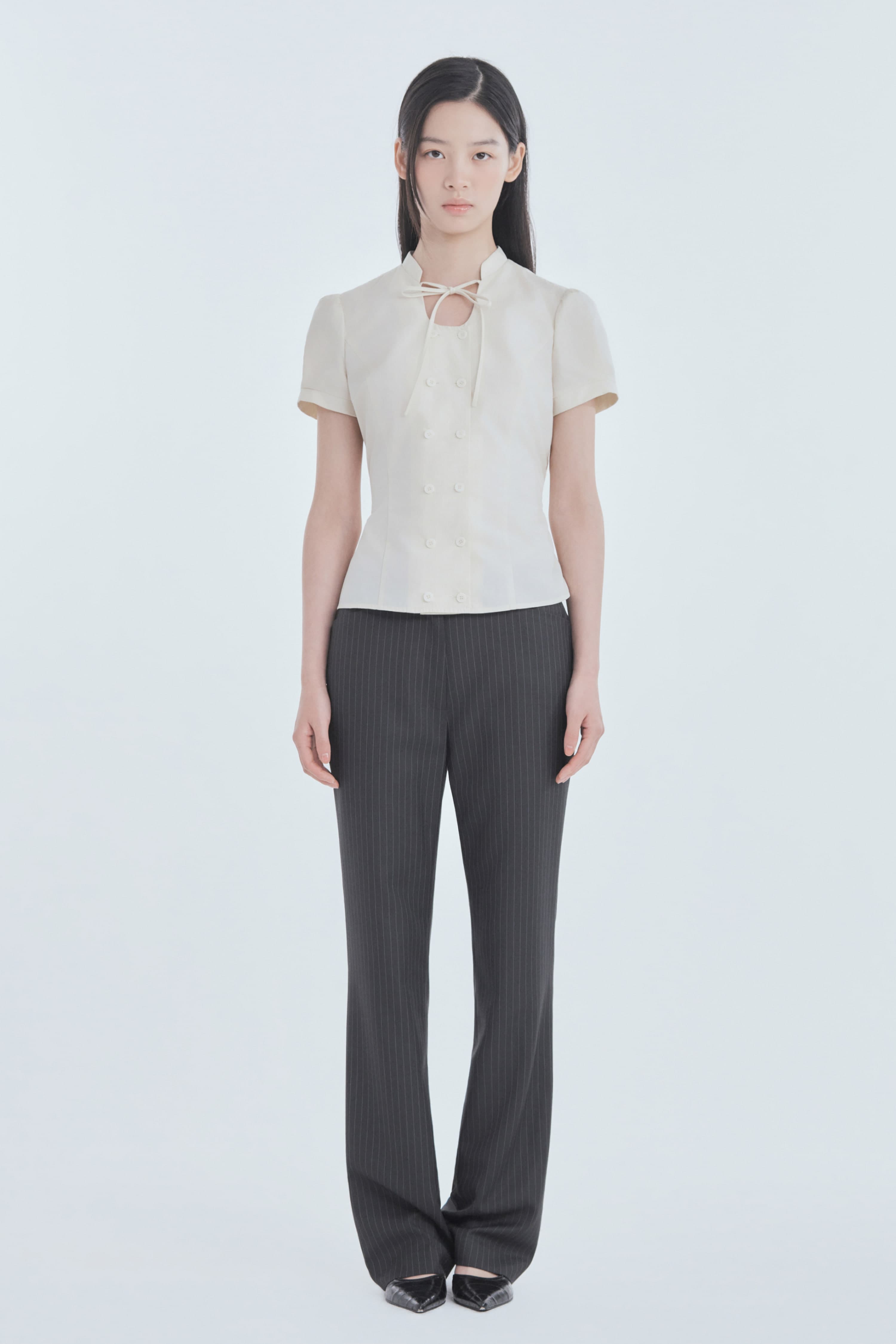 Emma Tailored Semi Bootcut Slacks - Charcoal Stripe