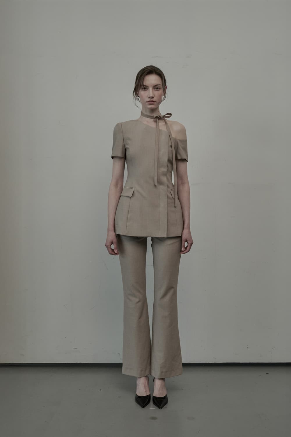Emma Linen Semi Bootcut Slacks - Beige