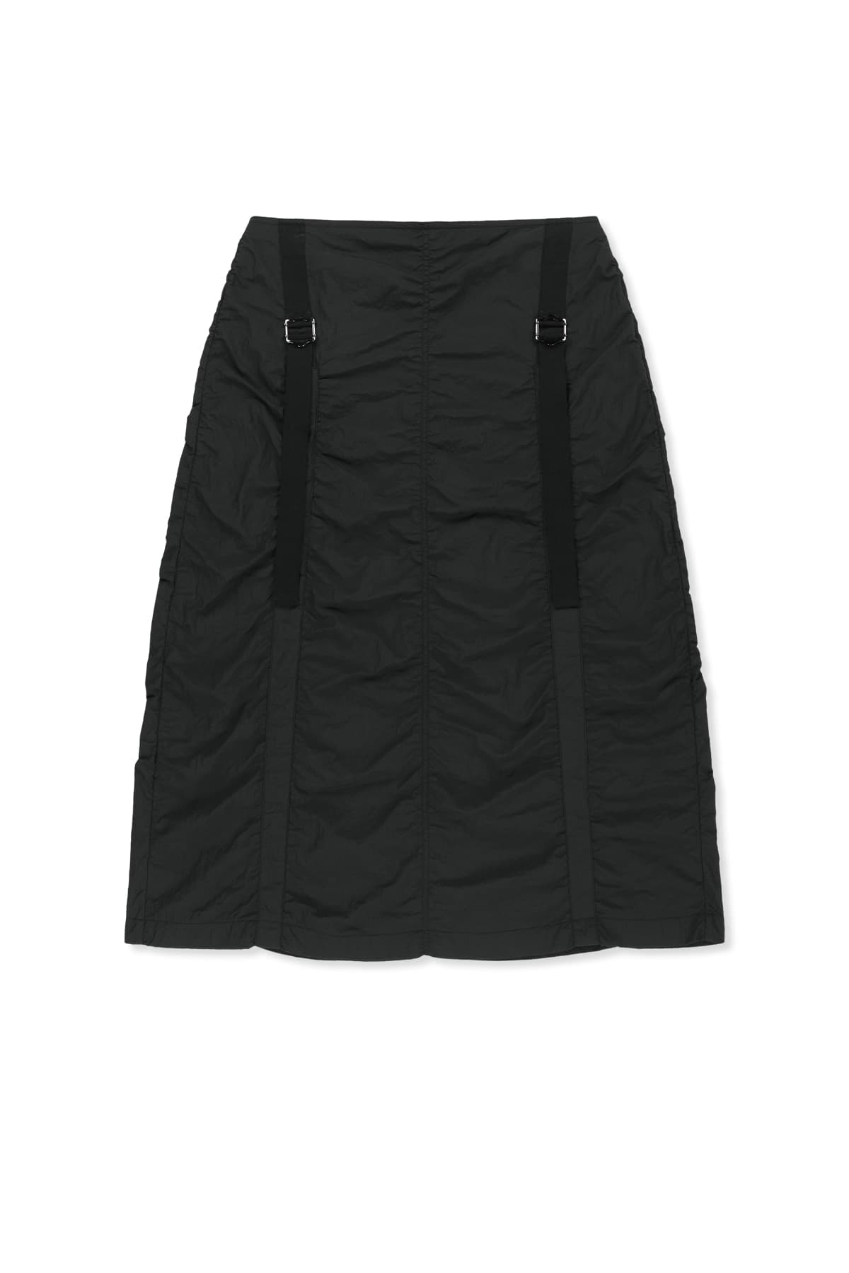 NYLON SHIRRING MIDI SKIRT IN BLACK