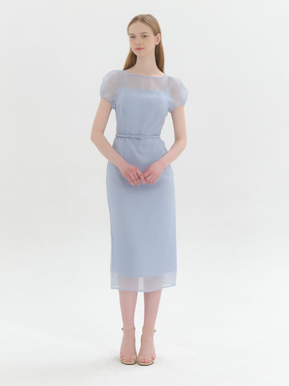 Chiffon Puff Cap-Sleeve Slim Dress / Blue(2color)