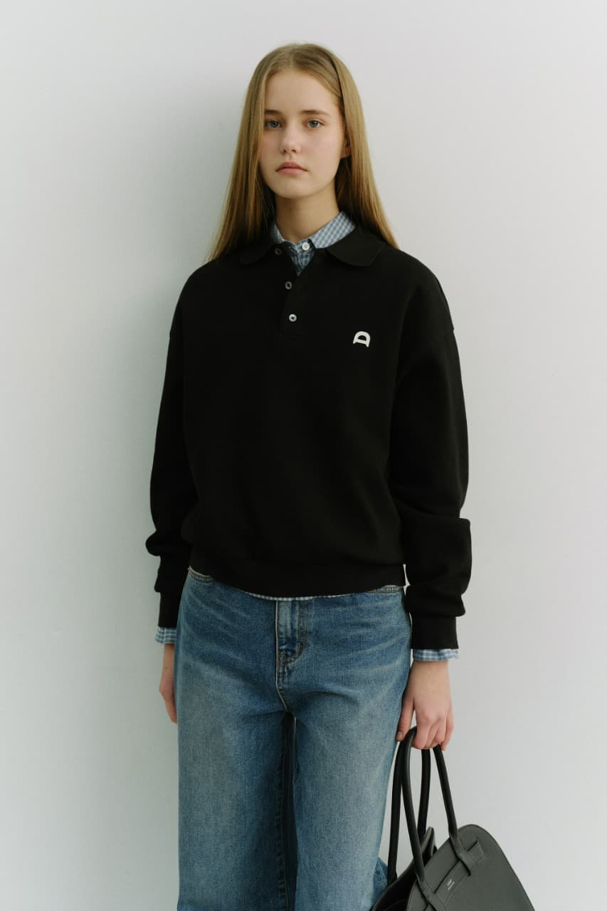 UNISEX LEATHER LOGO COLLARED T-SHIRT BLACK_UDTS6A110BK